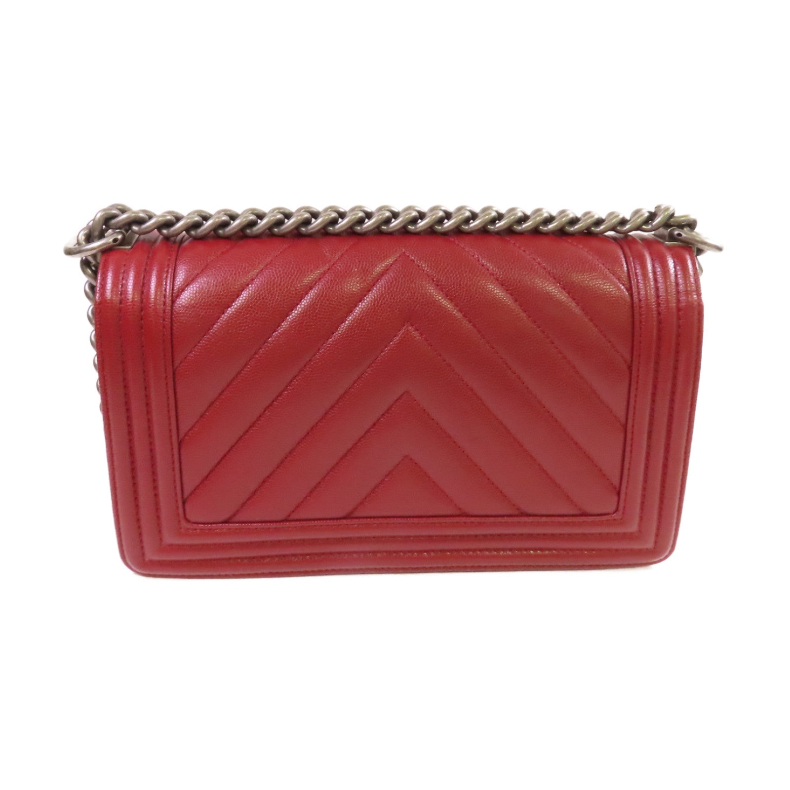 CHANEL 【激減優惠】菱格Caviar皮革Boy Chanel 25 Chain Shoulder Bag銀扣鏈帶肩背袋紅色
