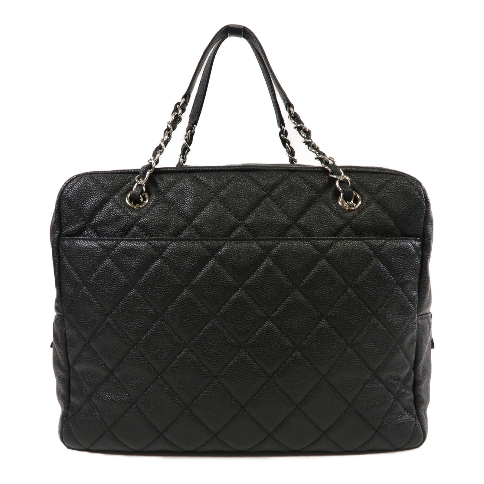 CHANEL 菱格Caviar皮革Chain Shoulder銀扣鏈帶肩背袋黑色