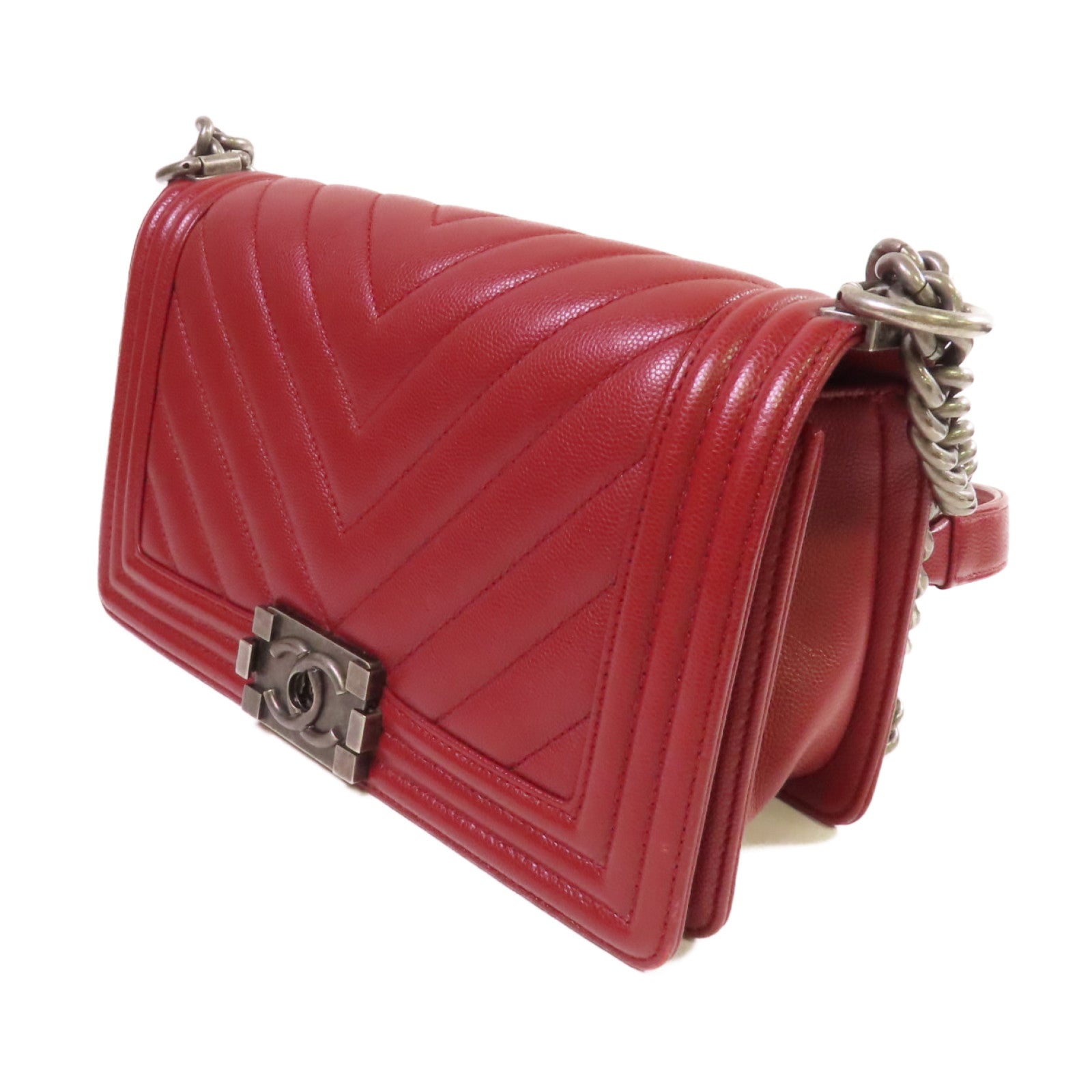 CHANEL 【激減優惠】菱格Caviar皮革Boy Chanel 25 Chain Shoulder Bag銀扣鏈帶肩背袋紅色