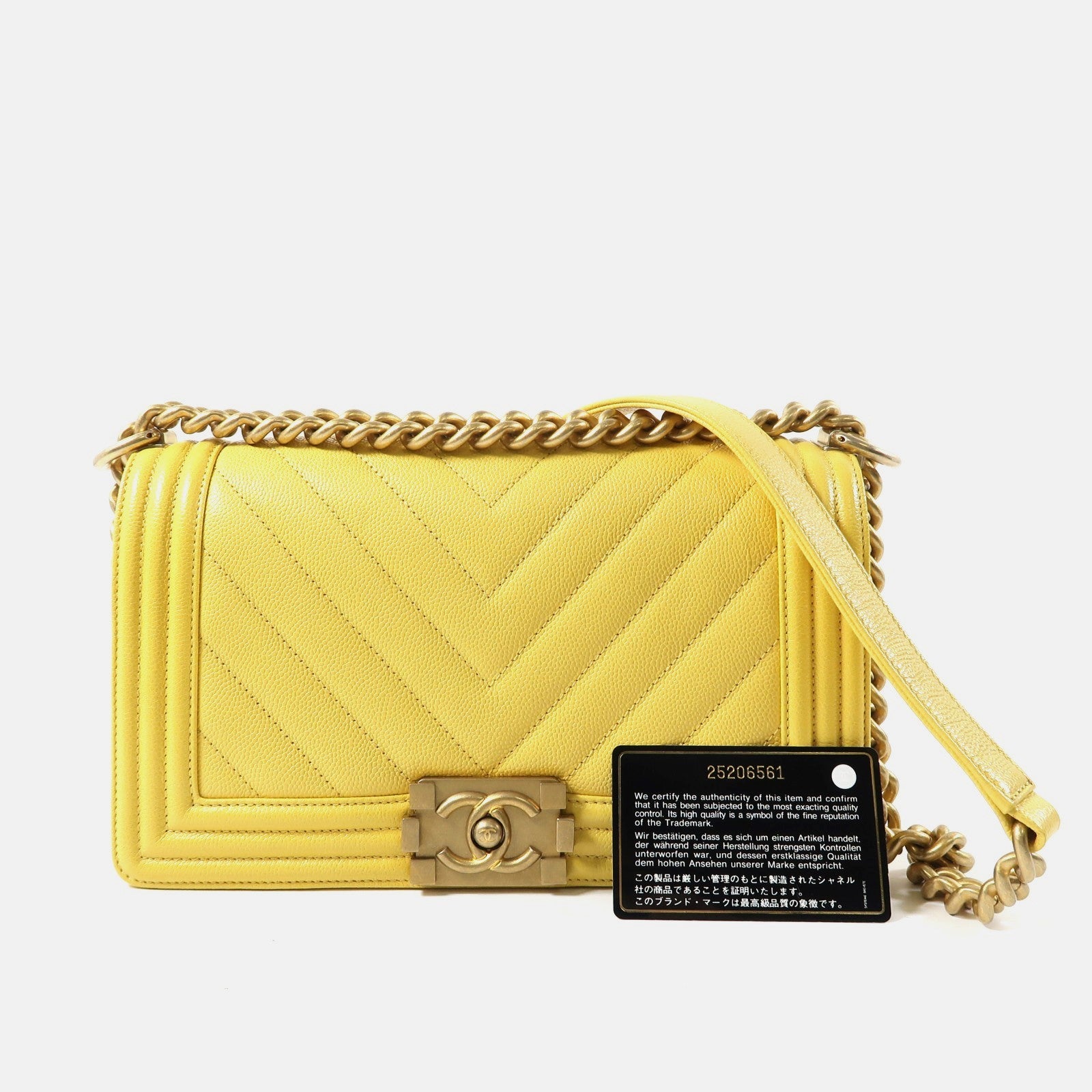 CHANEL 【激減優惠】斜紋Caviar皮革Boy Chanel金扣鏈帶肩背袋黃色
