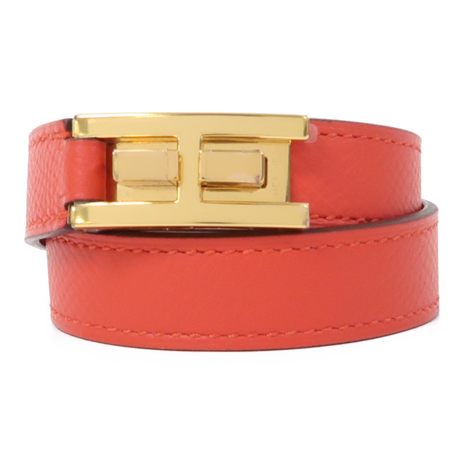 HERMES Epsom皮革Drag Double Tour Bracelet金扣手鐲Rose Jaipur蜜桃粉色