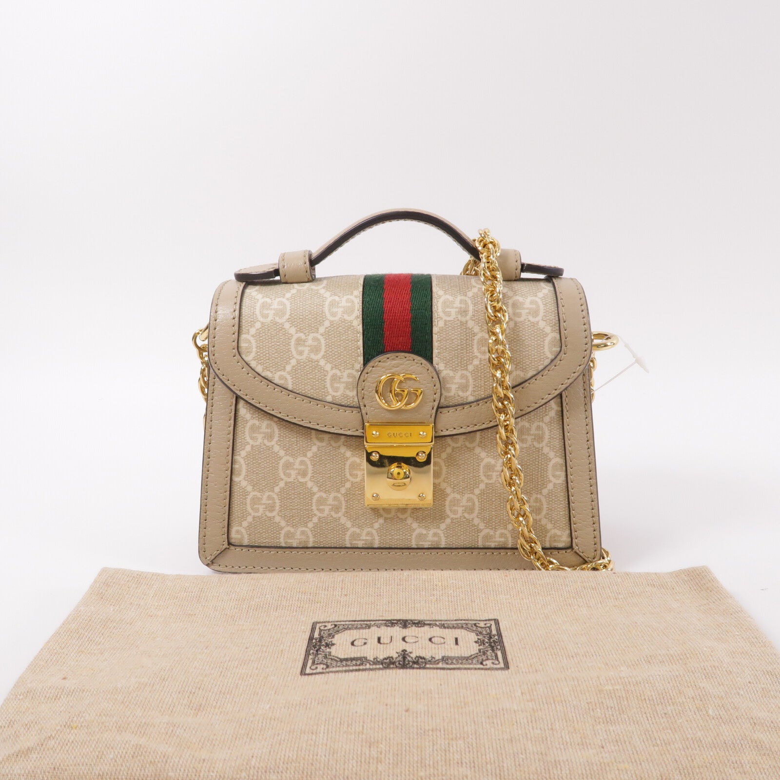 GUCCI 塗層帆布Ophidia GG Mini鏈帶手挽肩背兩用袋