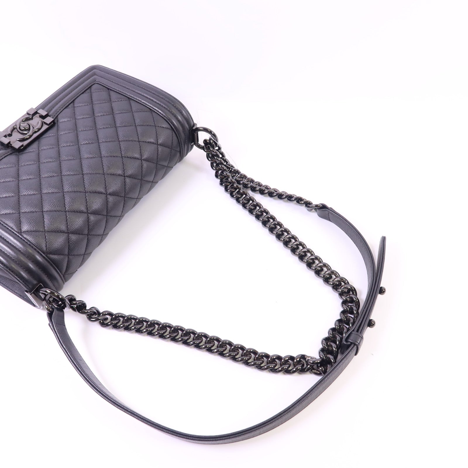 CHANEL 牛皮皮革Boy 25黑扣鏈帶肩背袋