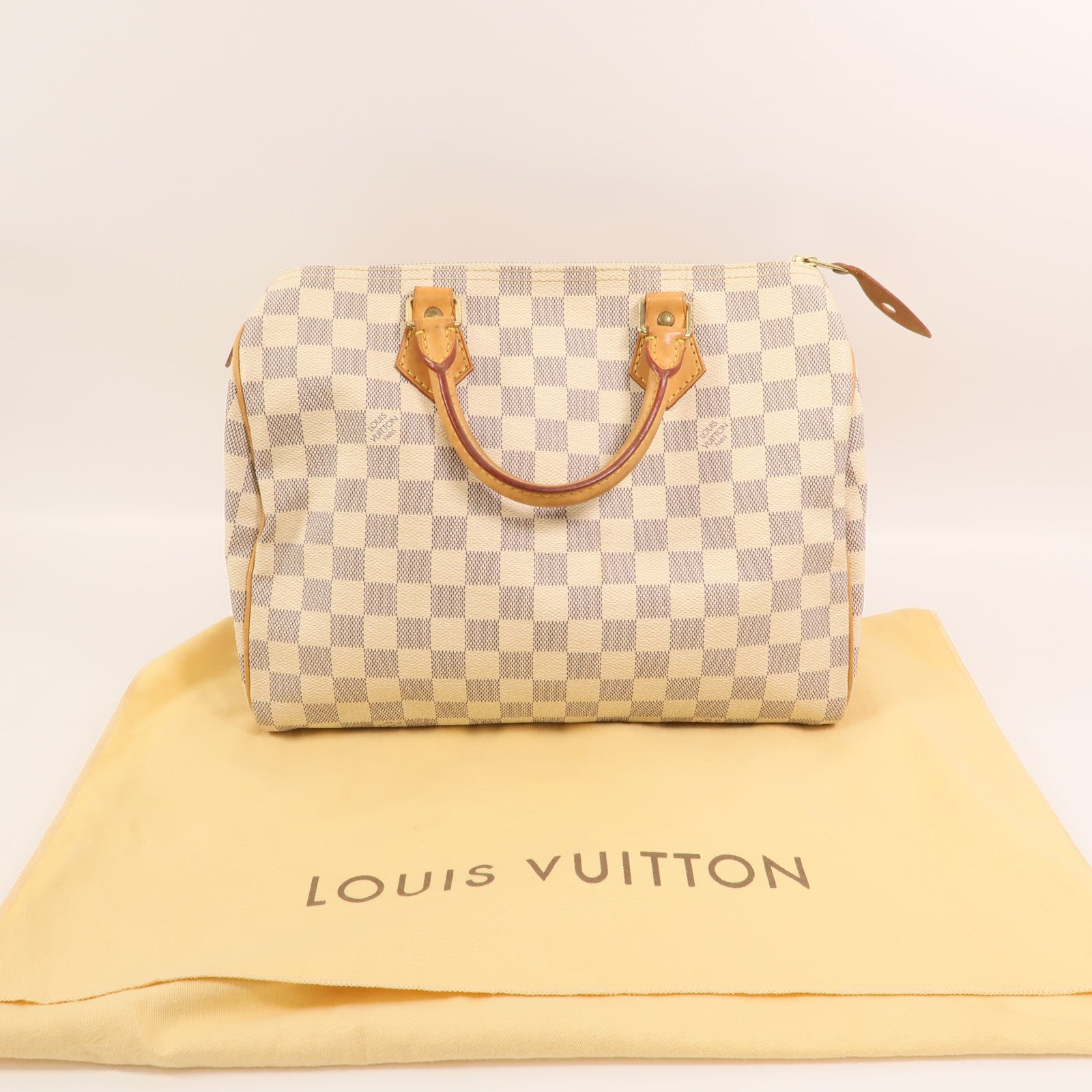 LOUIS VUITTON Damier Azur Speedy 30金扣手挽袋白色