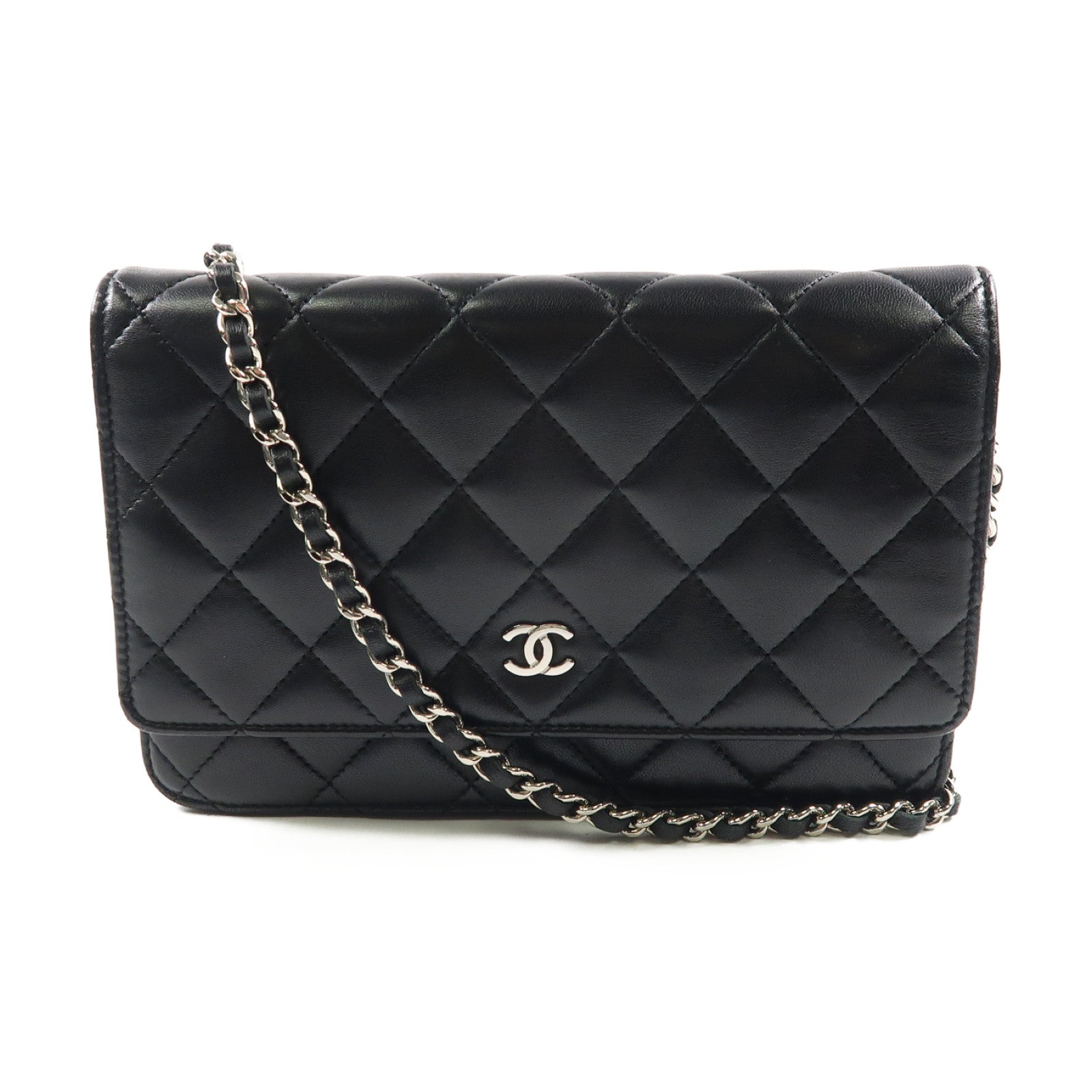 CHANEL 菱格羊皮皮革Wallet On Chain銀扣鏈帶肩背袋黑色