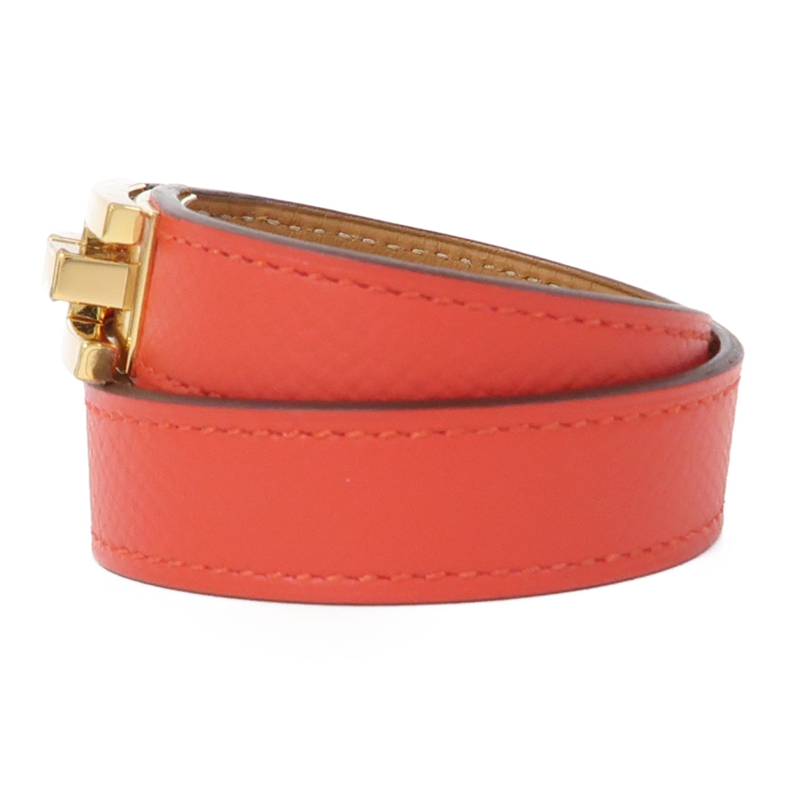 HERMES Epsom皮革Drag Double Tour Bracelet金扣手鐲Rose Jaipur蜜桃粉色