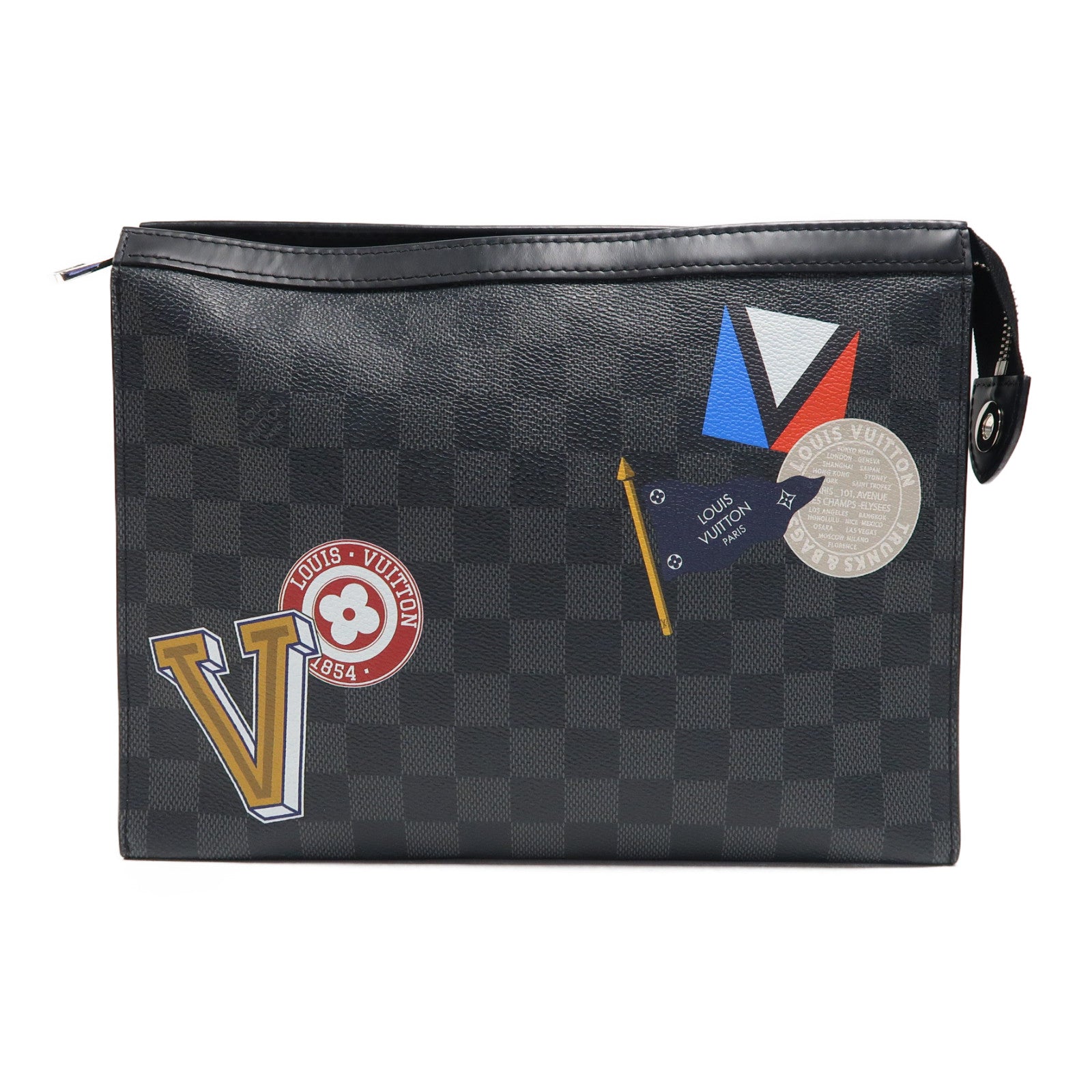 LOUIS VUITTON Damier Pochette Voyage MM銀扣手拿包黑色/灰色