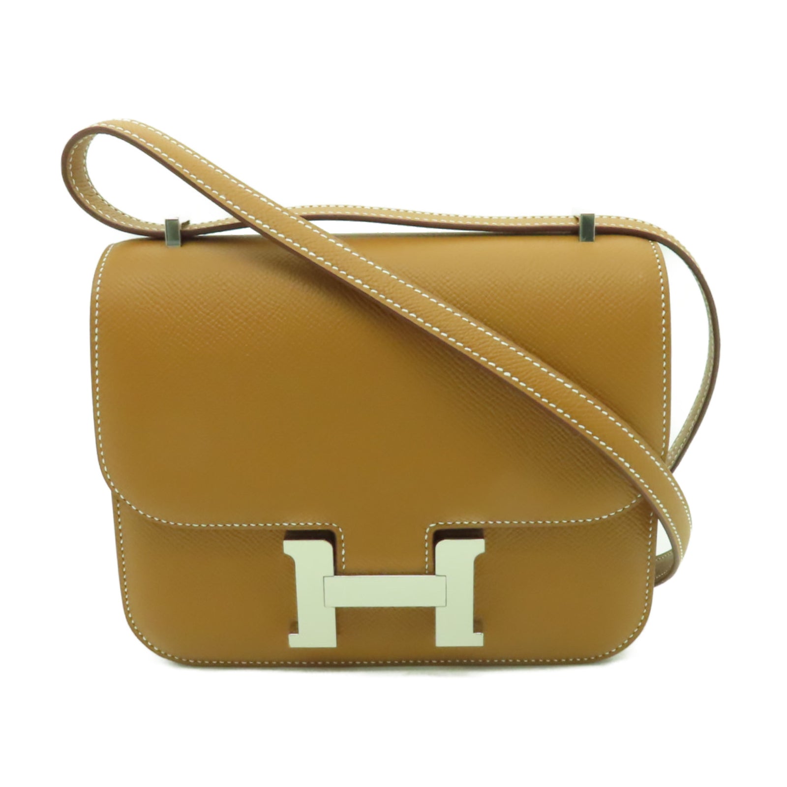 HERMES 【清倉大減價】Epsom皮革Constance Mini銀扣肩背袋Gold啡色