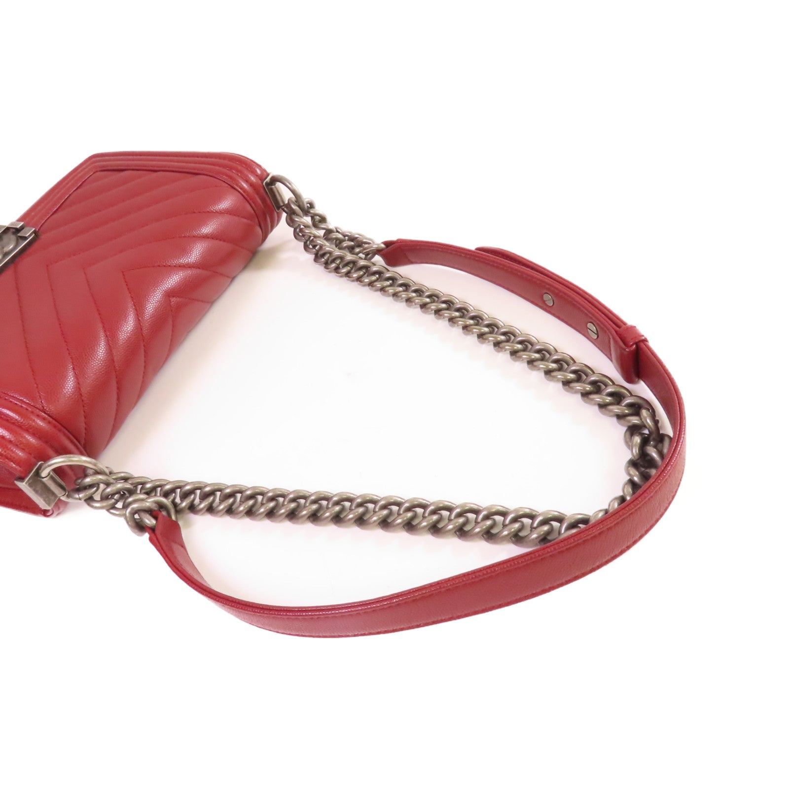 CHANEL 【激減優惠】菱格Caviar皮革Boy Chanel 25 Chain Shoulder Bag銀扣鏈帶肩背袋紅色