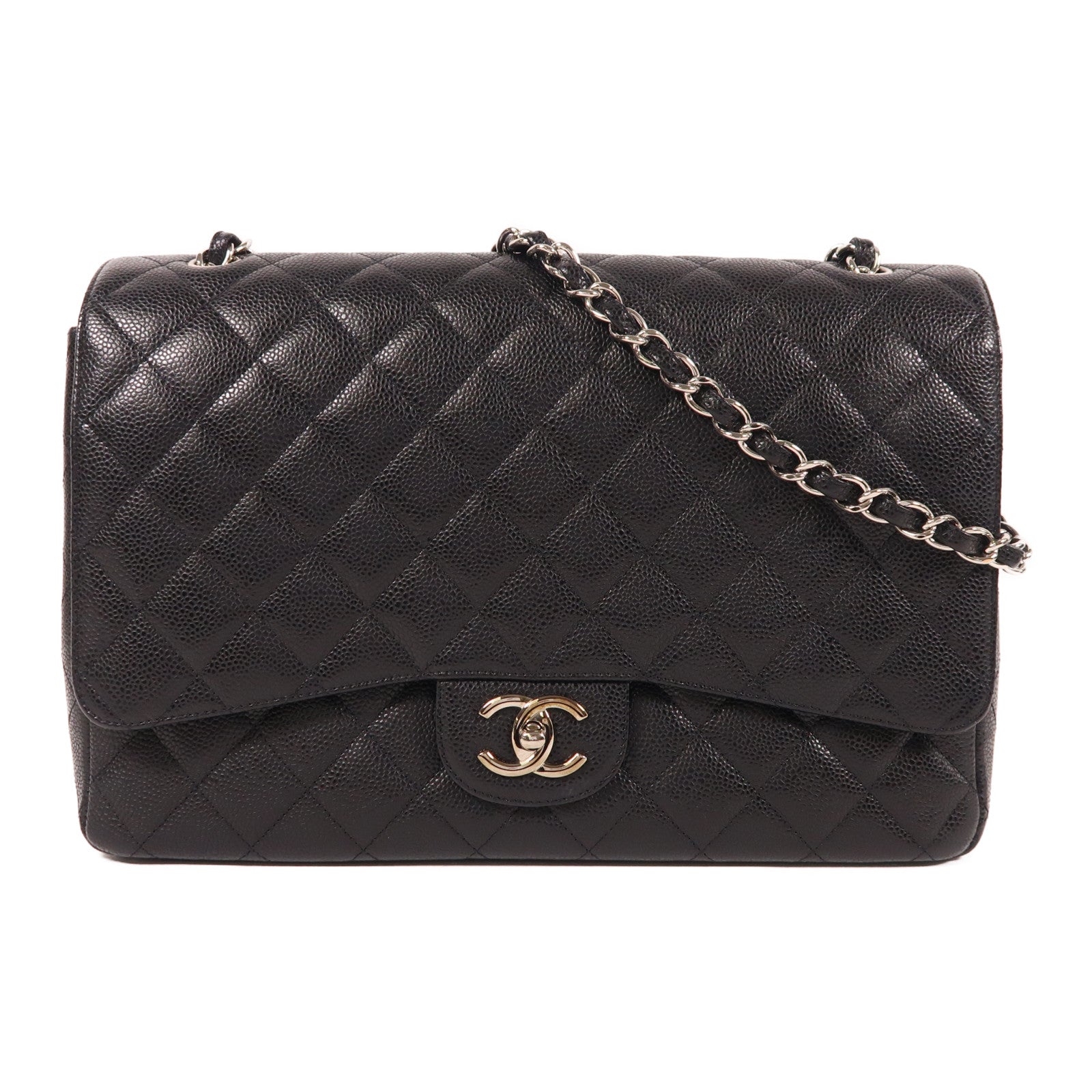 CHANEL 牛皮皮革Maxi Classic銀扣鏈帶肩背袋黑色