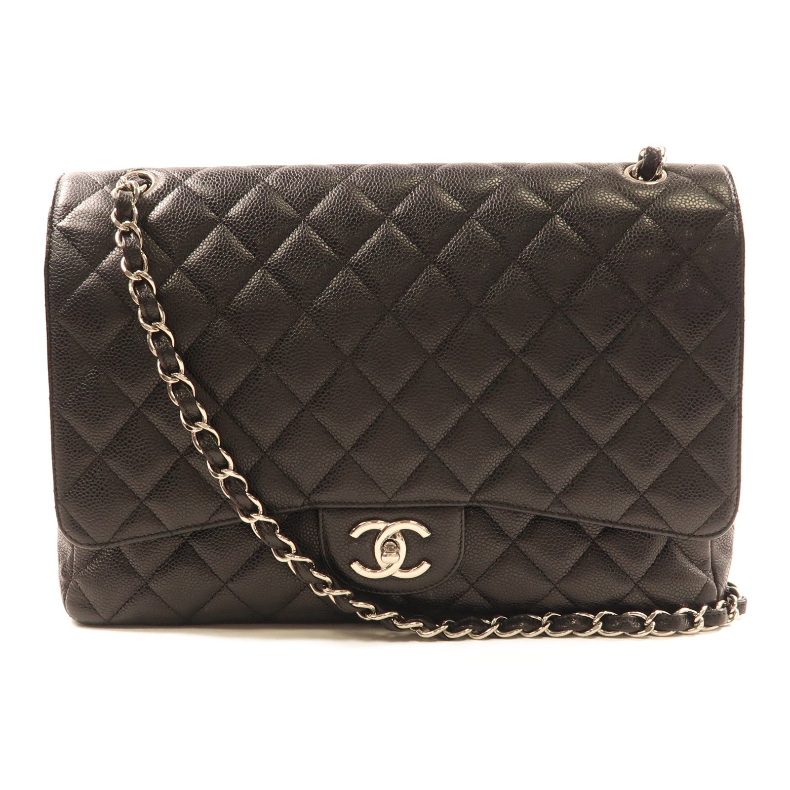 CHANEL 牛皮皮革Maxi Classic銀扣鏈帶肩背袋