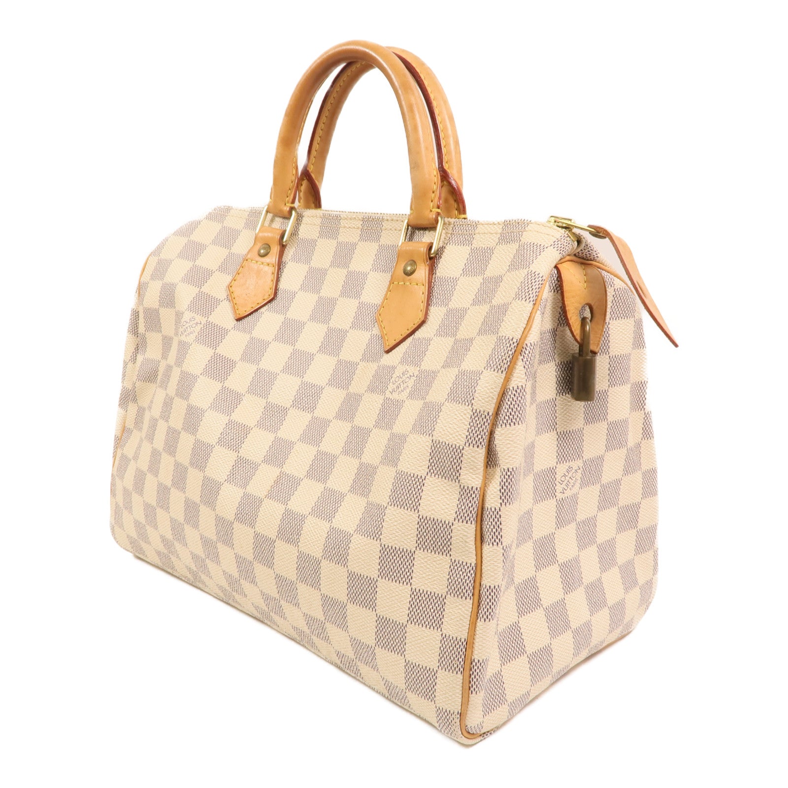 LOUIS VUITTON Damier Azur Speedy 30金扣手挽袋白色