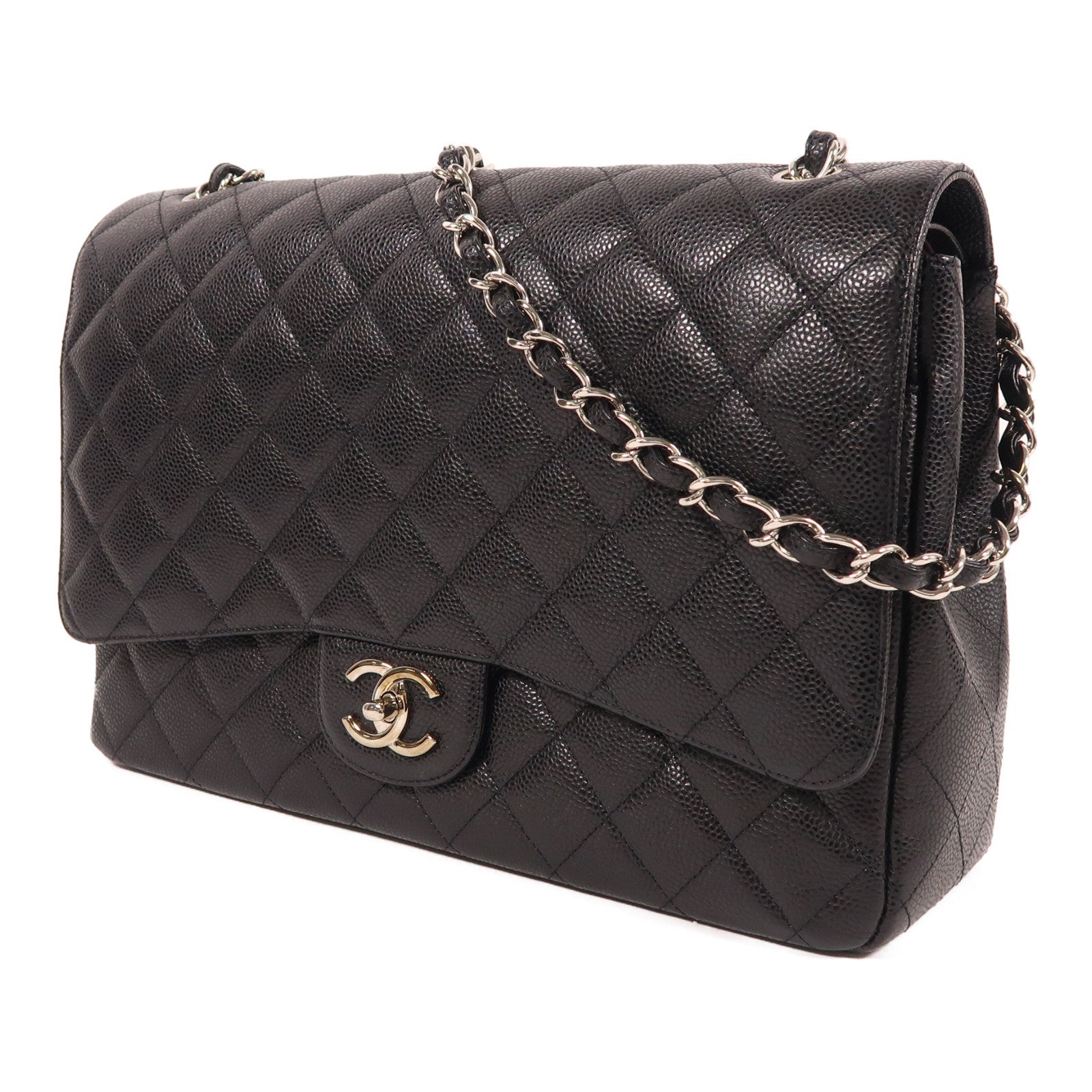 CHANEL 牛皮皮革Maxi Classic銀扣鏈帶肩背袋黑色
