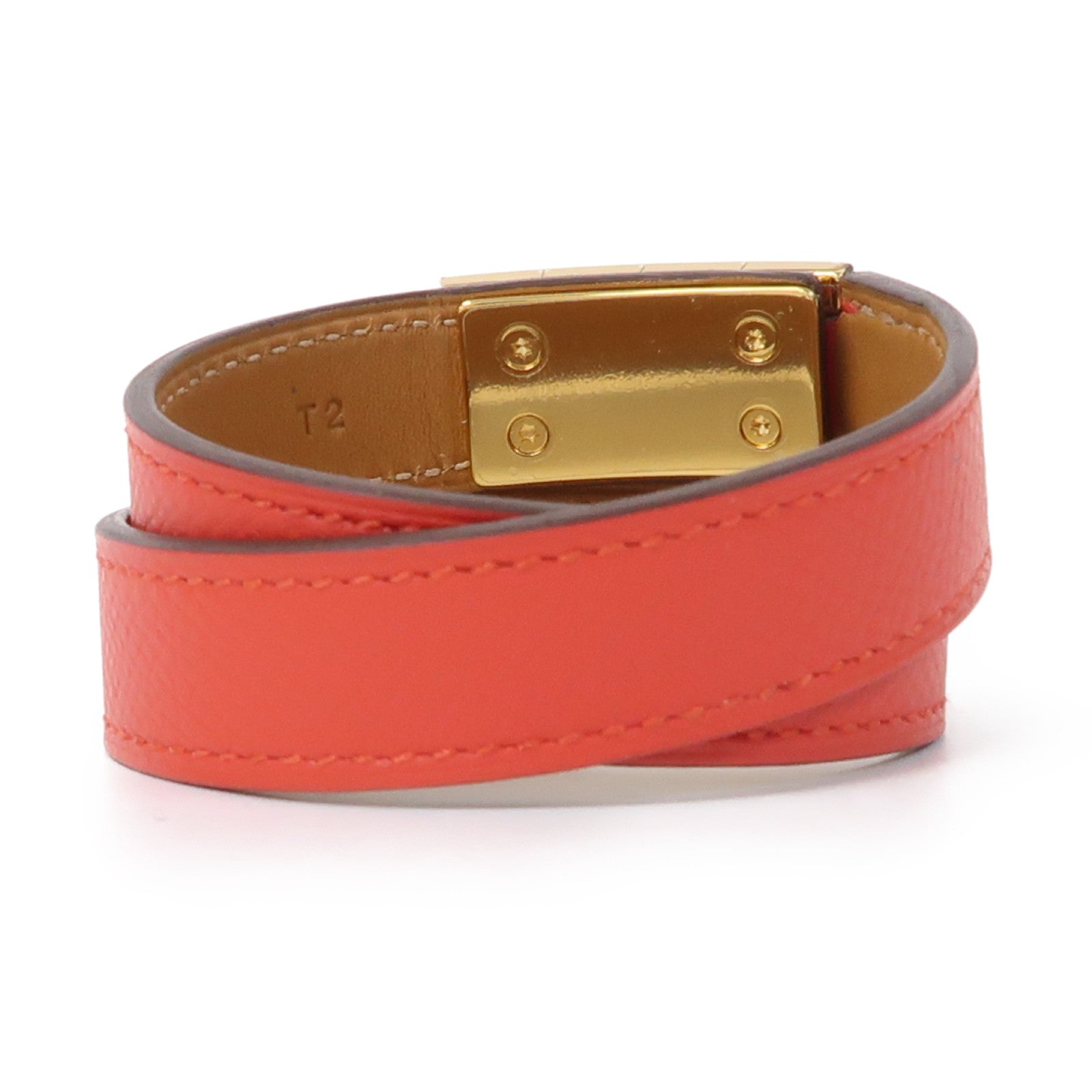 HERMES Epsom皮革Drag Double Tour Bracelet金扣手鐲Rose Jaipur蜜桃粉色
