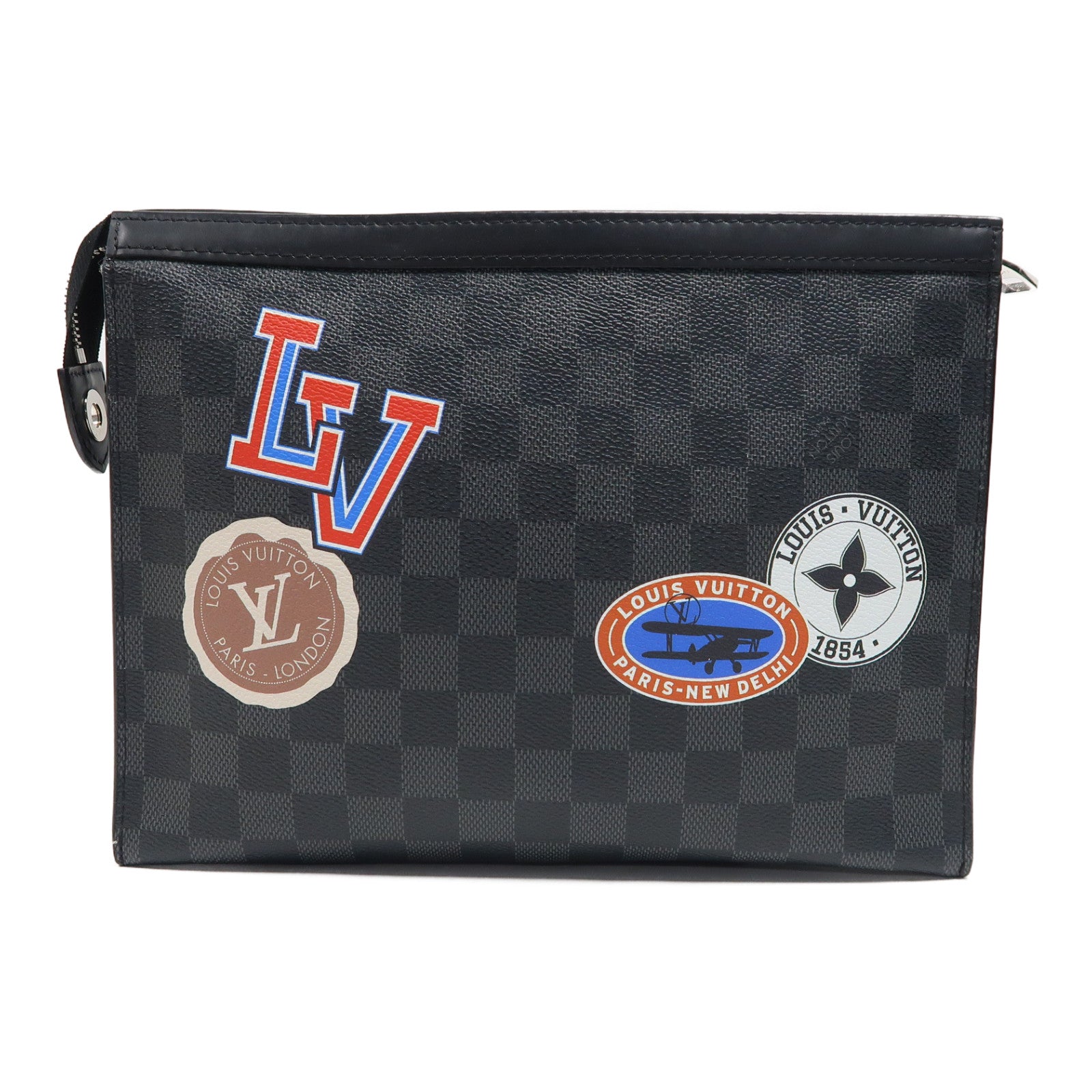 LOUIS VUITTON Damier Pochette Voyage MM銀扣手拿包黑色/灰色