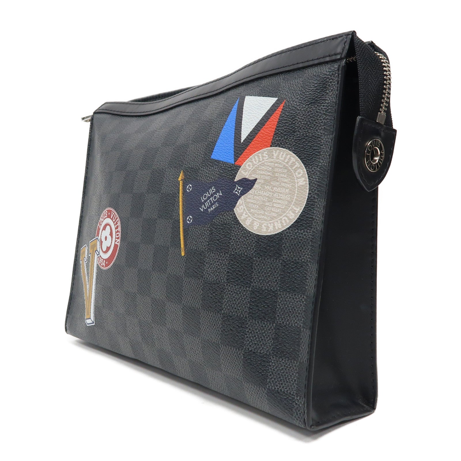 LOUIS VUITTON Damier Pochette Voyage MM銀扣手拿包黑色/灰色