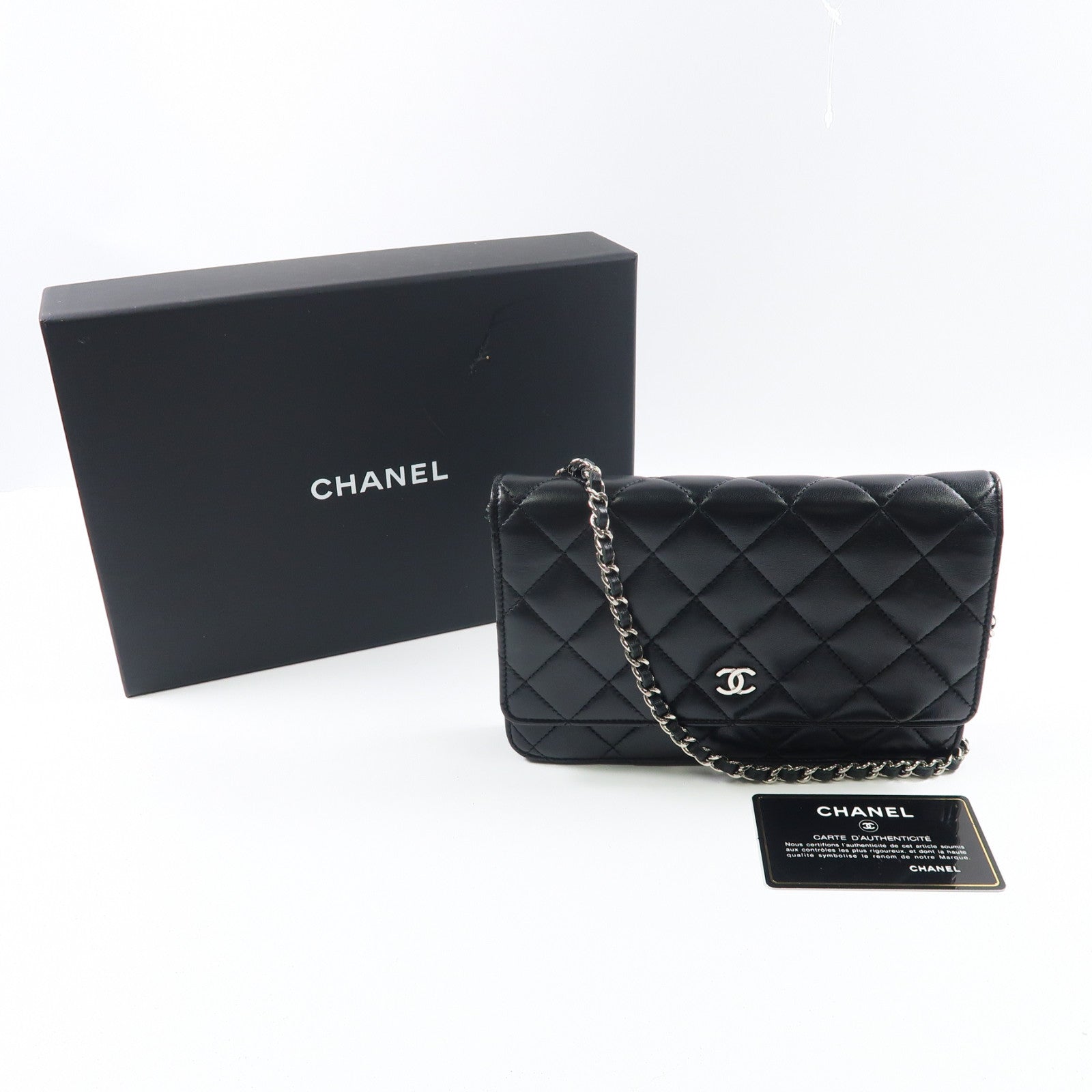 CHANEL 菱格羊皮皮革Wallet On Chain銀扣鏈帶肩背袋黑色