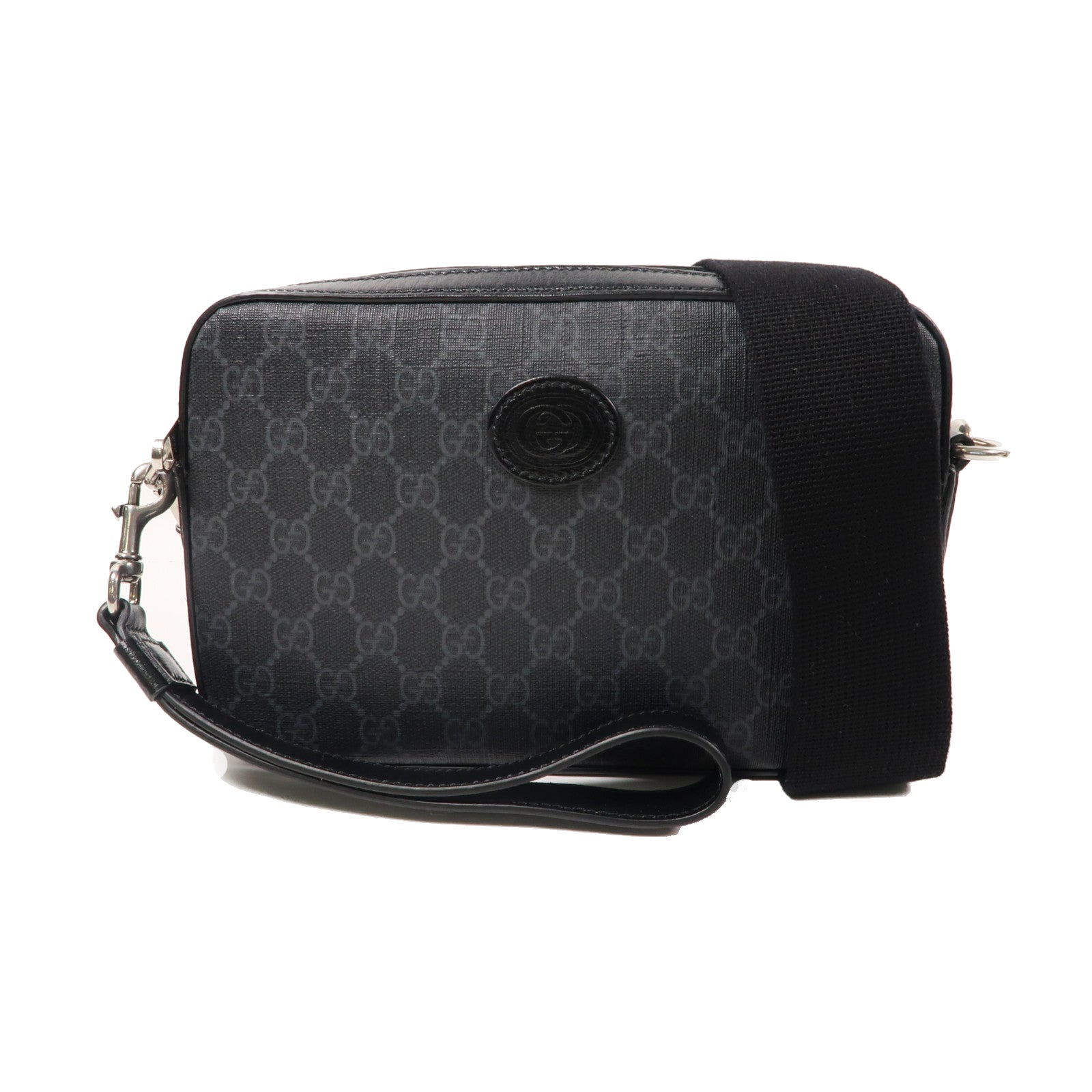 GUCCI 【激減優惠】帆布Interlocking G銀扣肩背袋黑色
