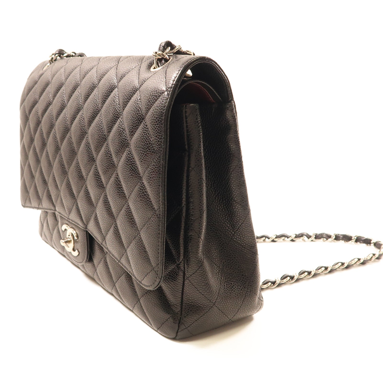 CHANEL 牛皮皮革Maxi Classic銀扣鏈帶肩背袋