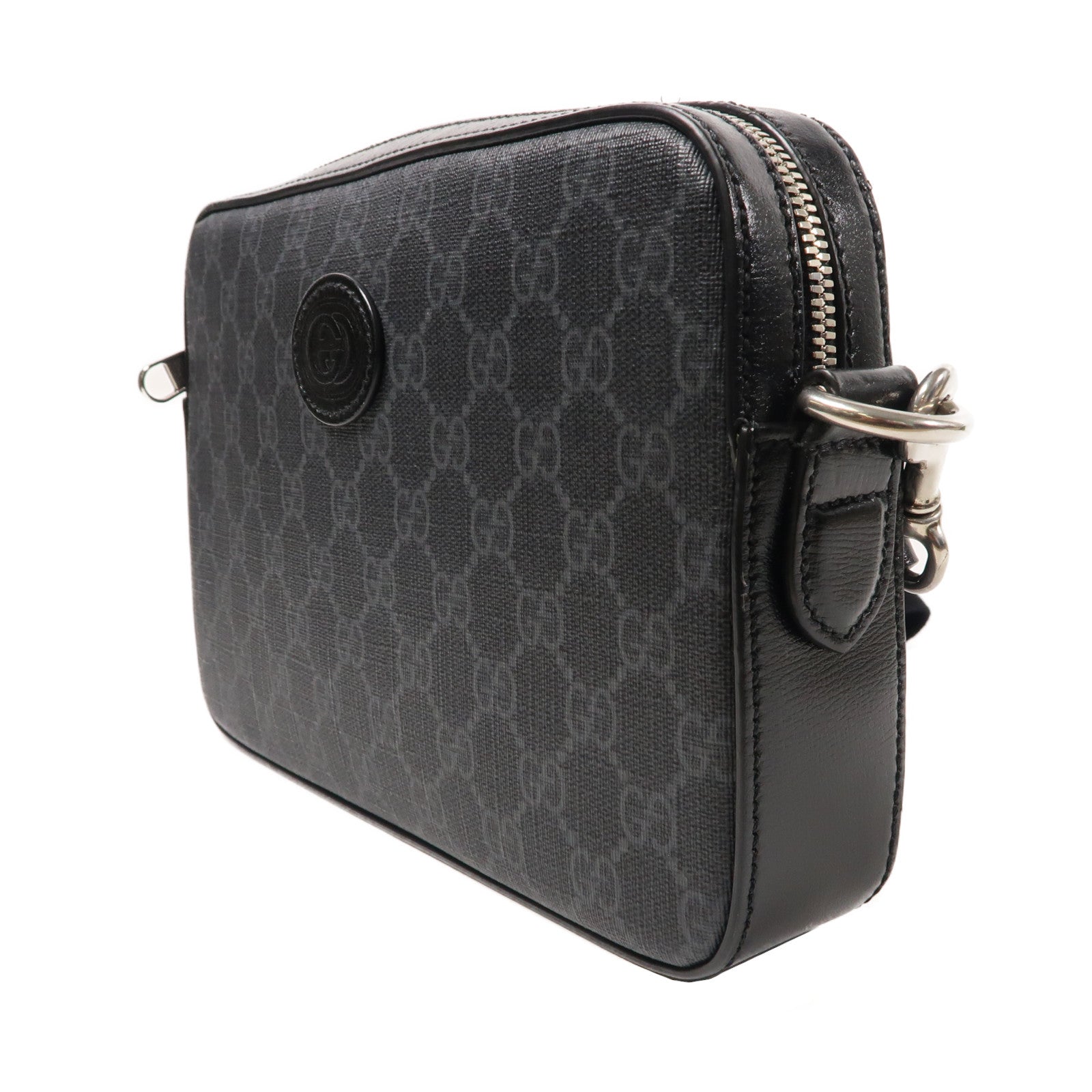 GUCCI 【激減優惠】帆布Interlocking G銀扣肩背袋黑色