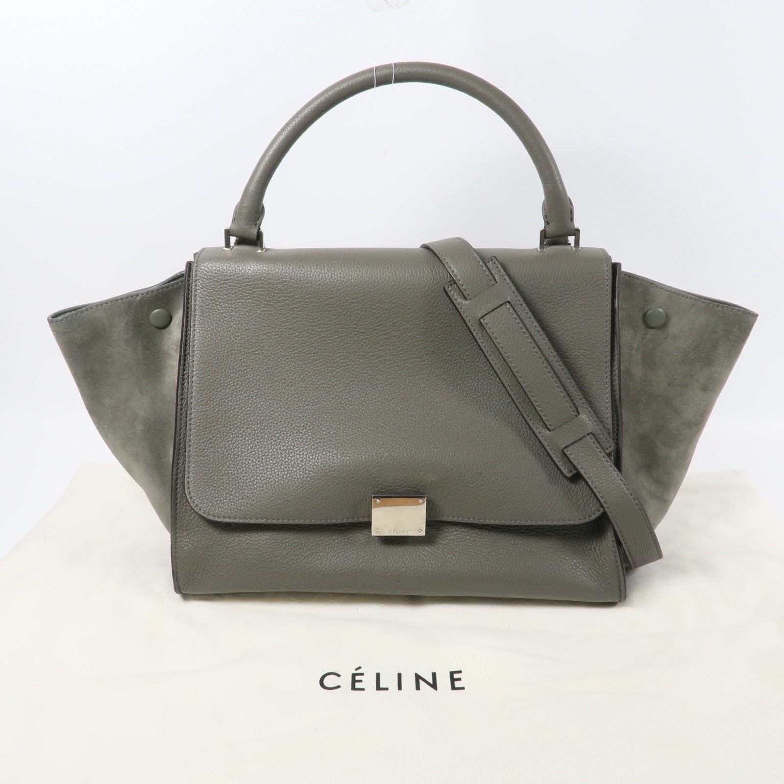 CELINE 牛皮皮革Trapeze銀扣手挽肩背兩用袋灰色