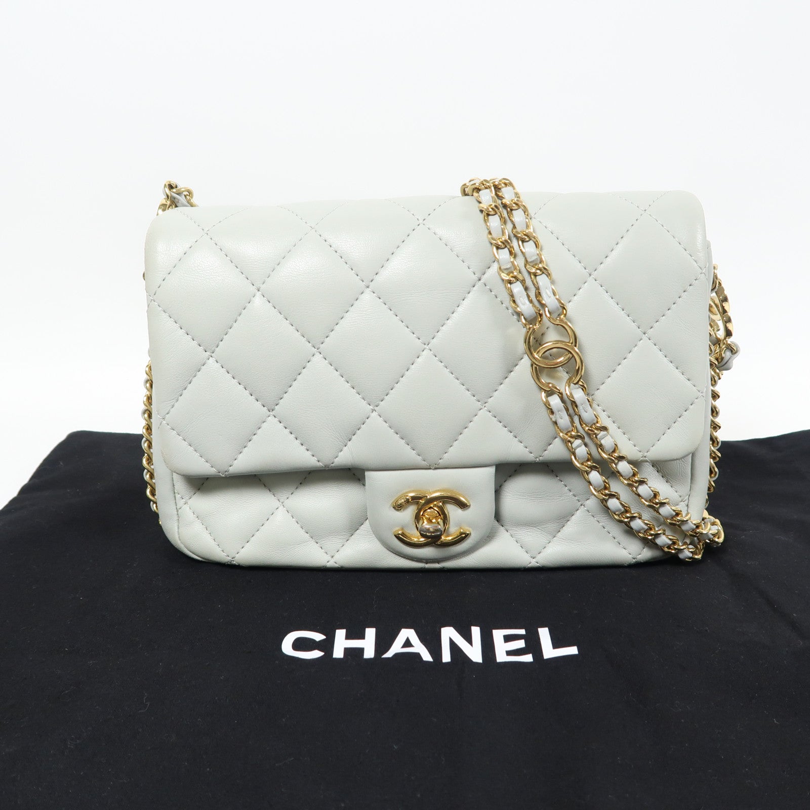 CHANEL 【激減優惠】羊皮皮革Chain Shoulder金扣鏈帶肩背袋淺綠色