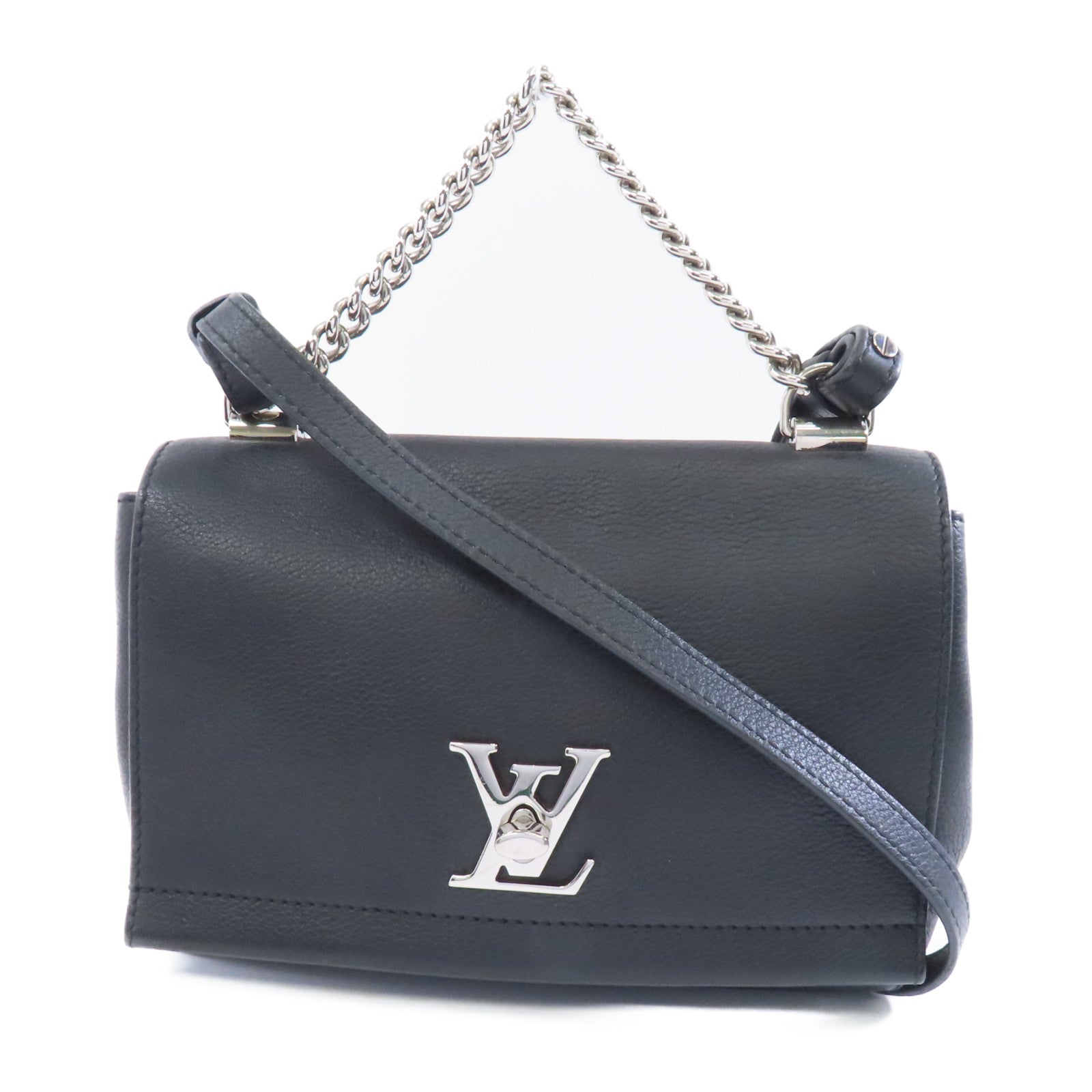 LOUIS VUITTON 牛皮皮革Lockme II Chain Bag銀扣手挽肩背兩用袋黑色