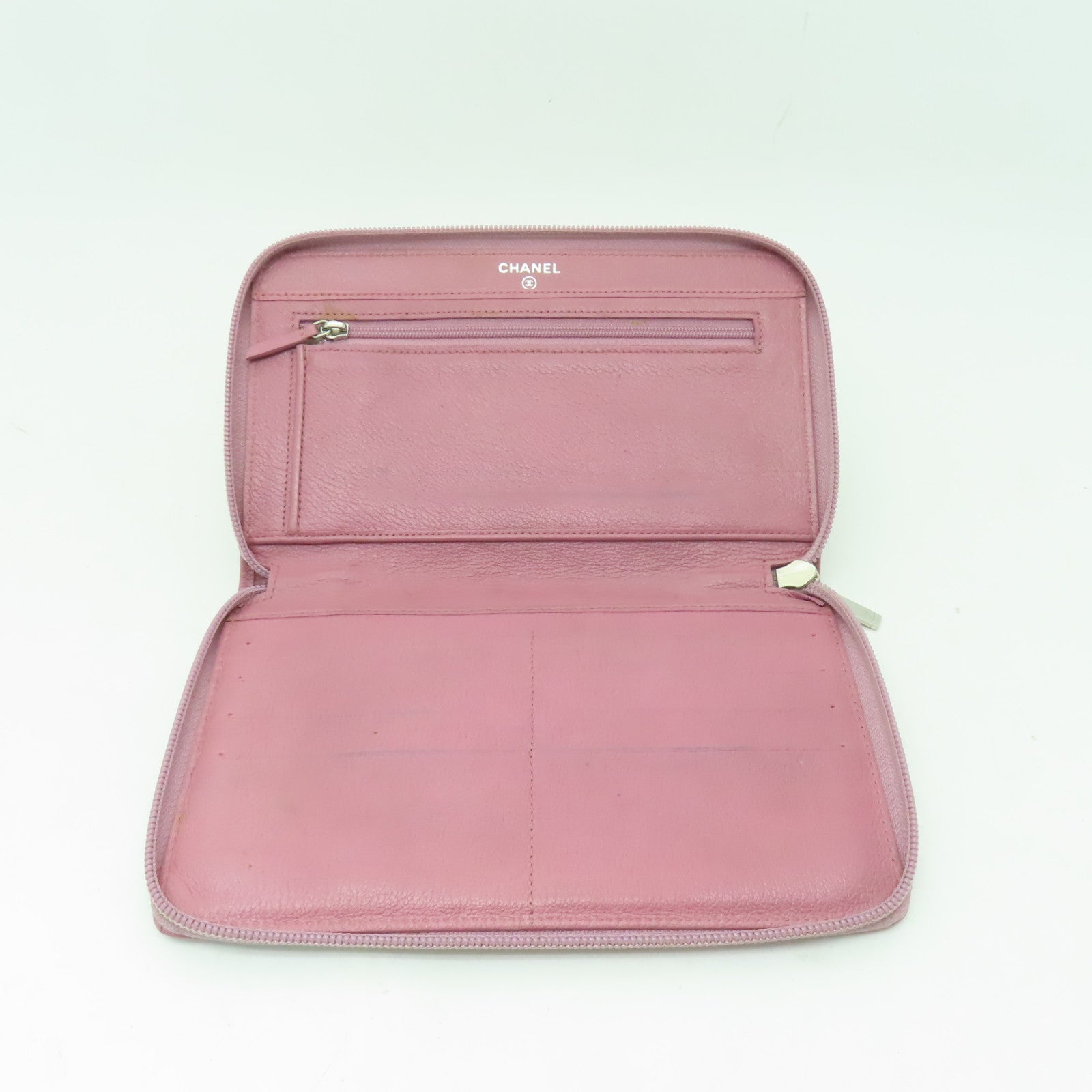 CHANEL 【清倉大減價】牛皮皮革Zipped Long Wallet銀扣長錢包粉紅色