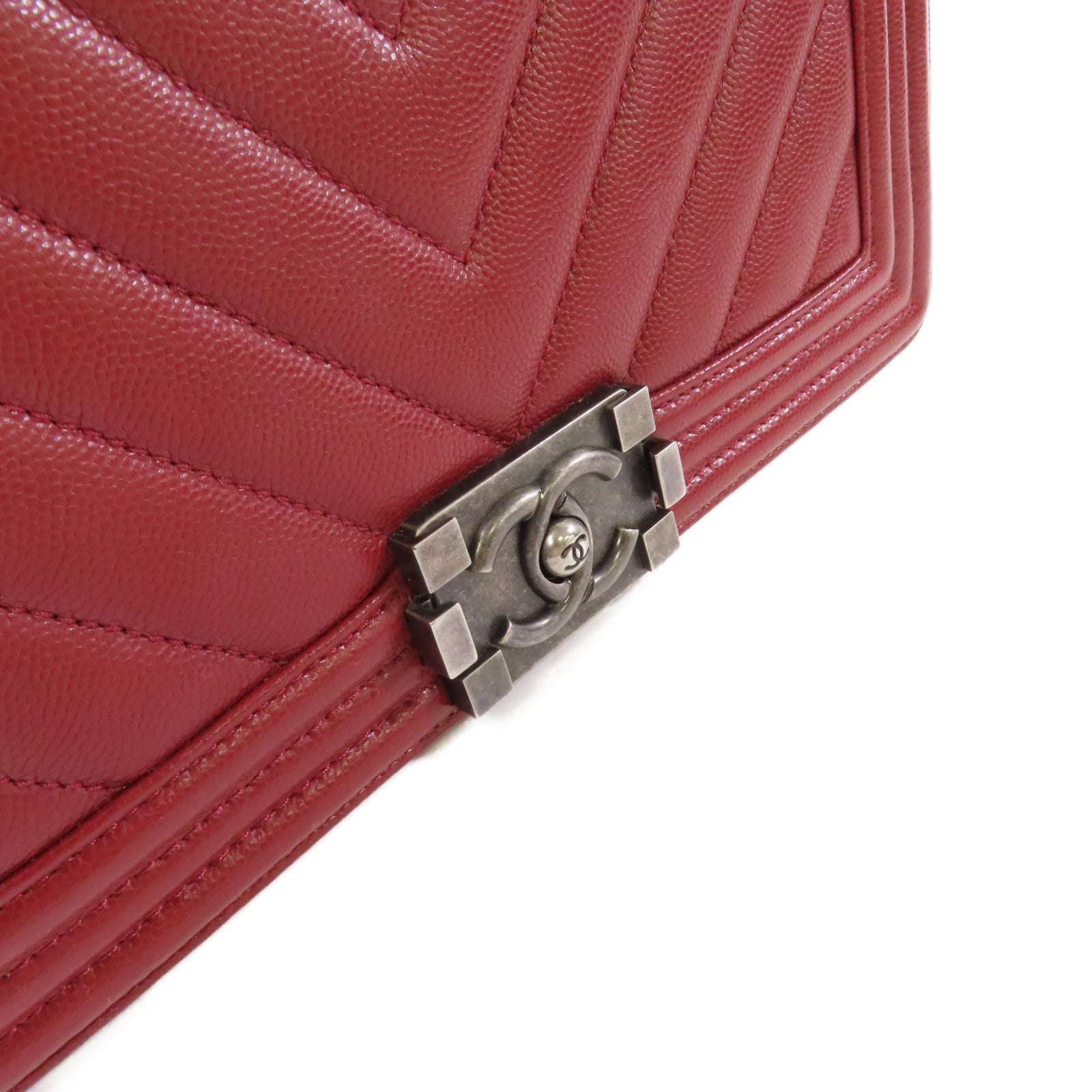 CHANEL 【激減優惠】菱格Caviar皮革Boy Chanel 25 Chain Shoulder Bag銀扣鏈帶肩背袋紅色