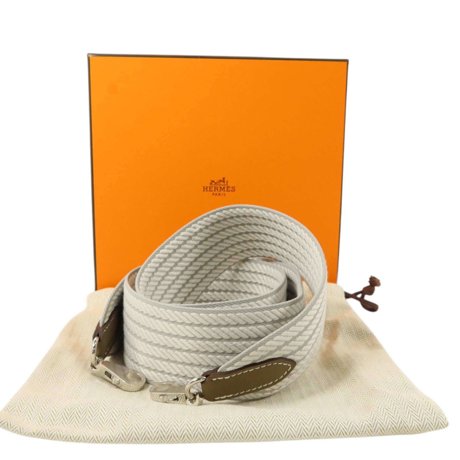 HERMES Cordage帆布/Swift皮革Sangle Cordage 50mmShoulder Strap銀扣肩帶Glacier-Gris/Pale