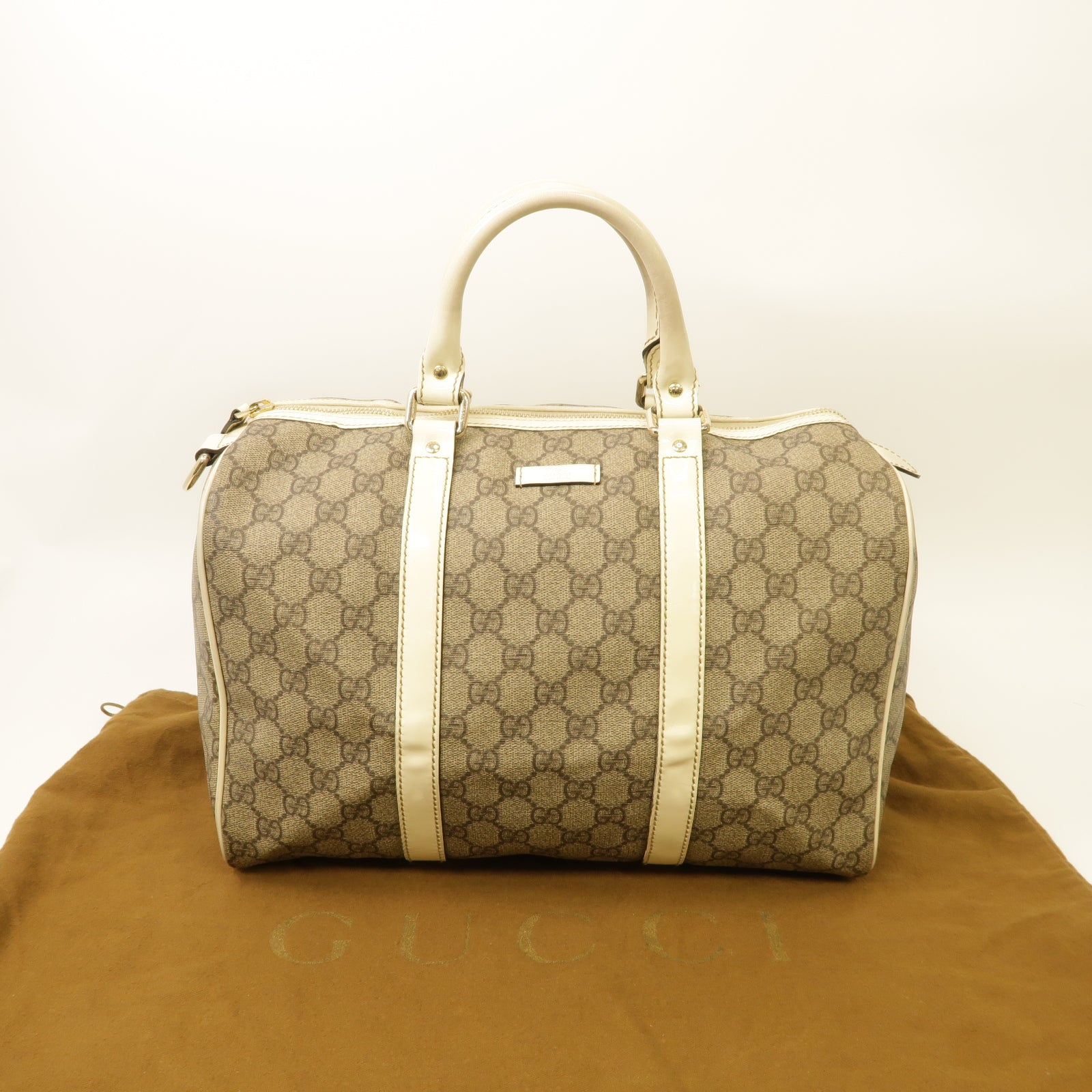 GUCCI 塗層帆布Boston Bag銀扣手挽袋白色/啡色