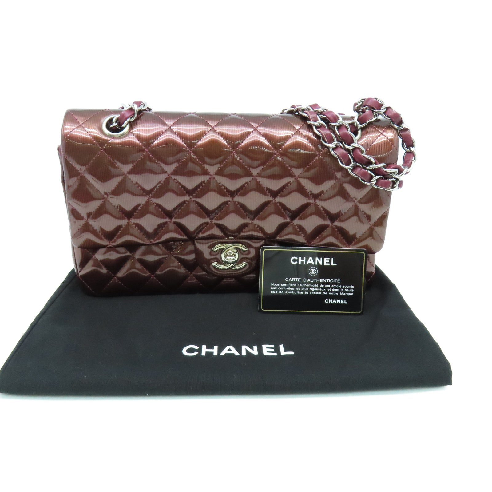 CHANEL **【清倉大減價】菱格漆皮皮革Classic Chain Shoulder Bag銀扣鏈帶肩背袋啡色