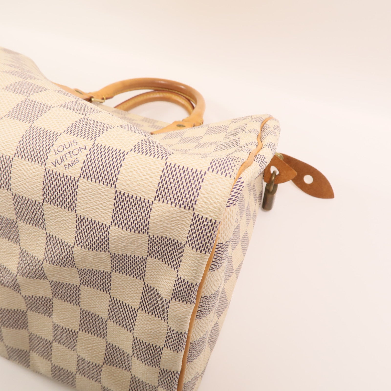 LOUIS VUITTON Damier Azur Speedy 30金扣手挽袋白色