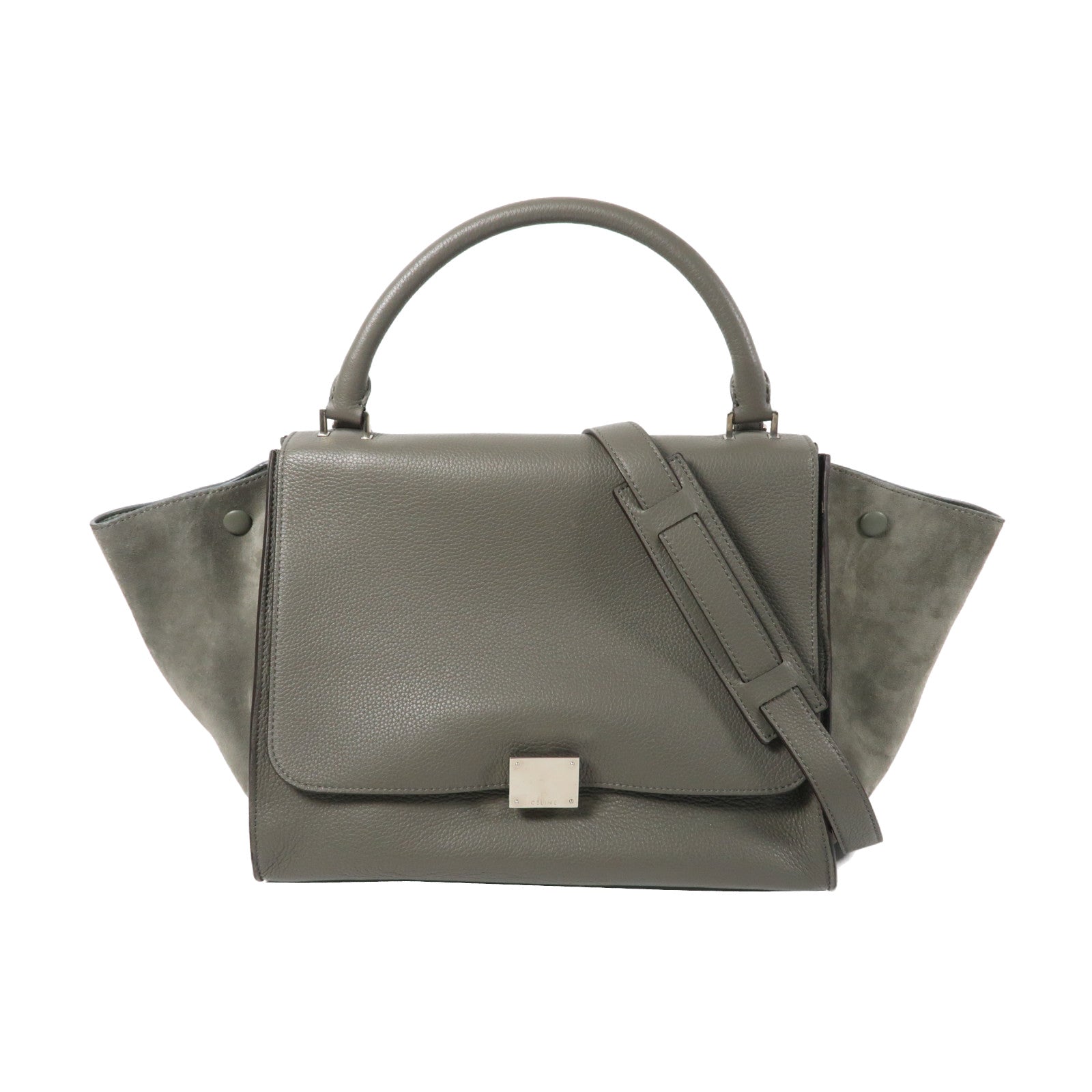 CELINE 牛皮皮革Trapeze銀扣手挽肩背兩用袋灰色