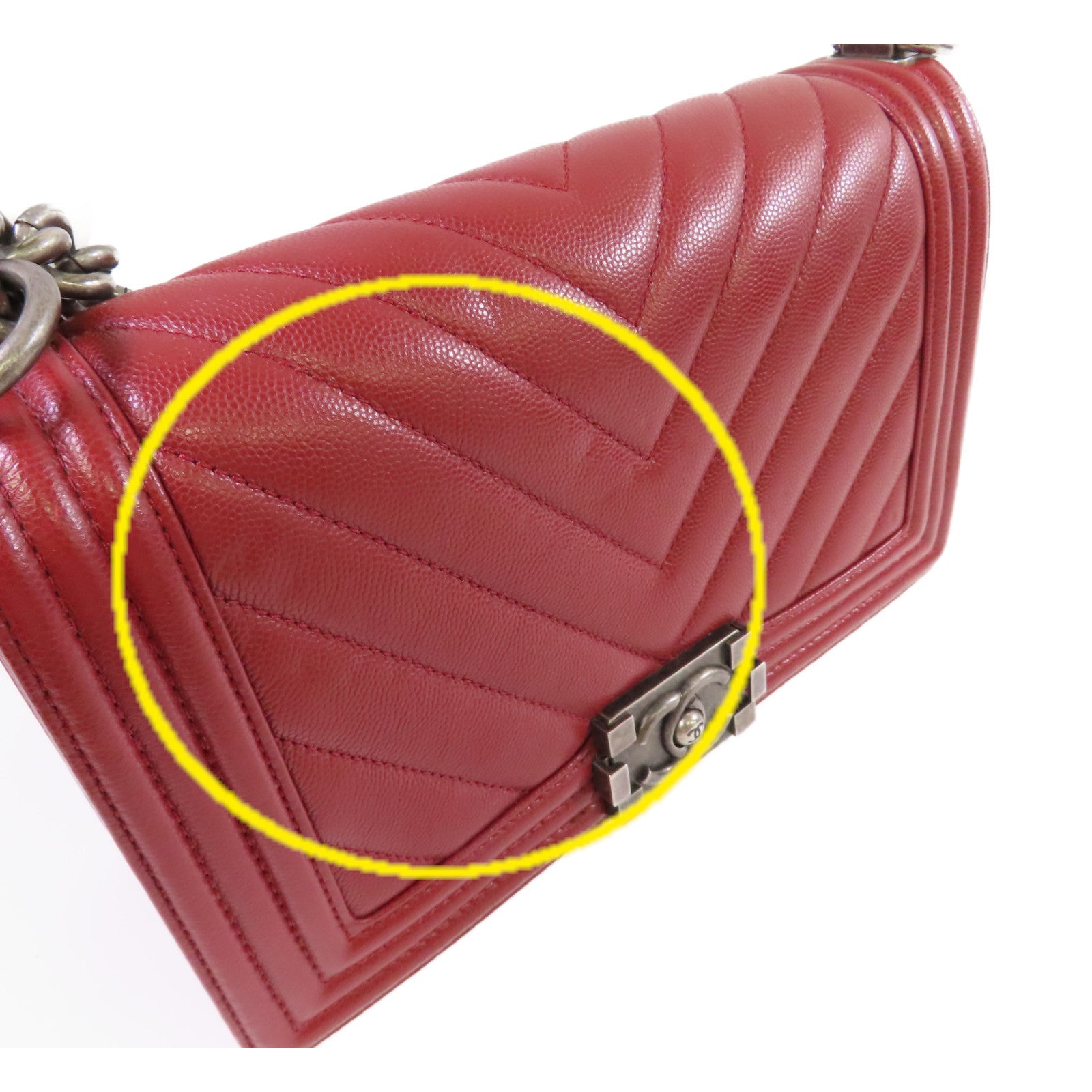 CHANEL 【激減優惠】菱格Caviar皮革Boy Chanel 25 Chain Shoulder Bag銀扣鏈帶肩背袋紅色