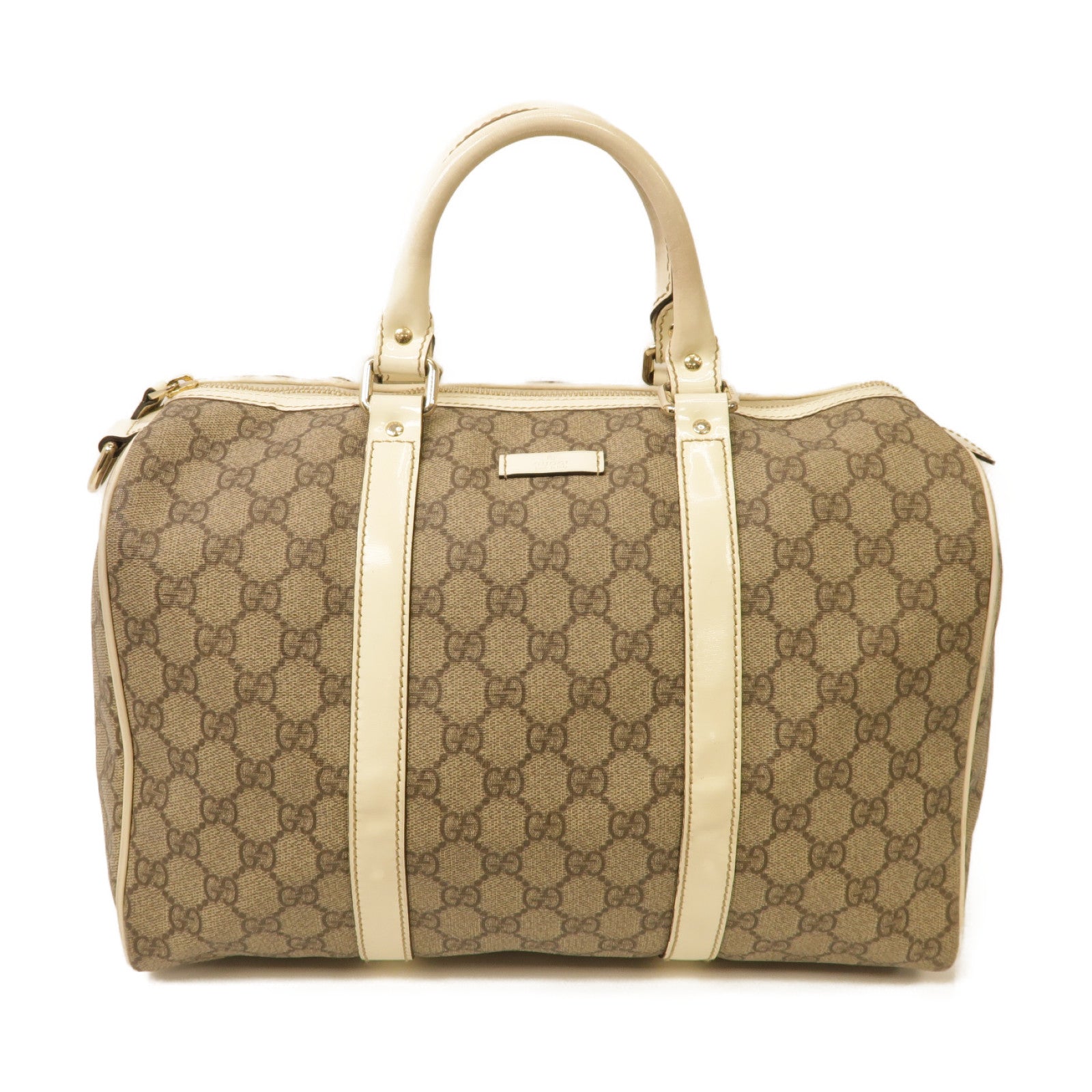 GUCCI 塗層帆布Boston Bag銀扣手挽袋白色/啡色