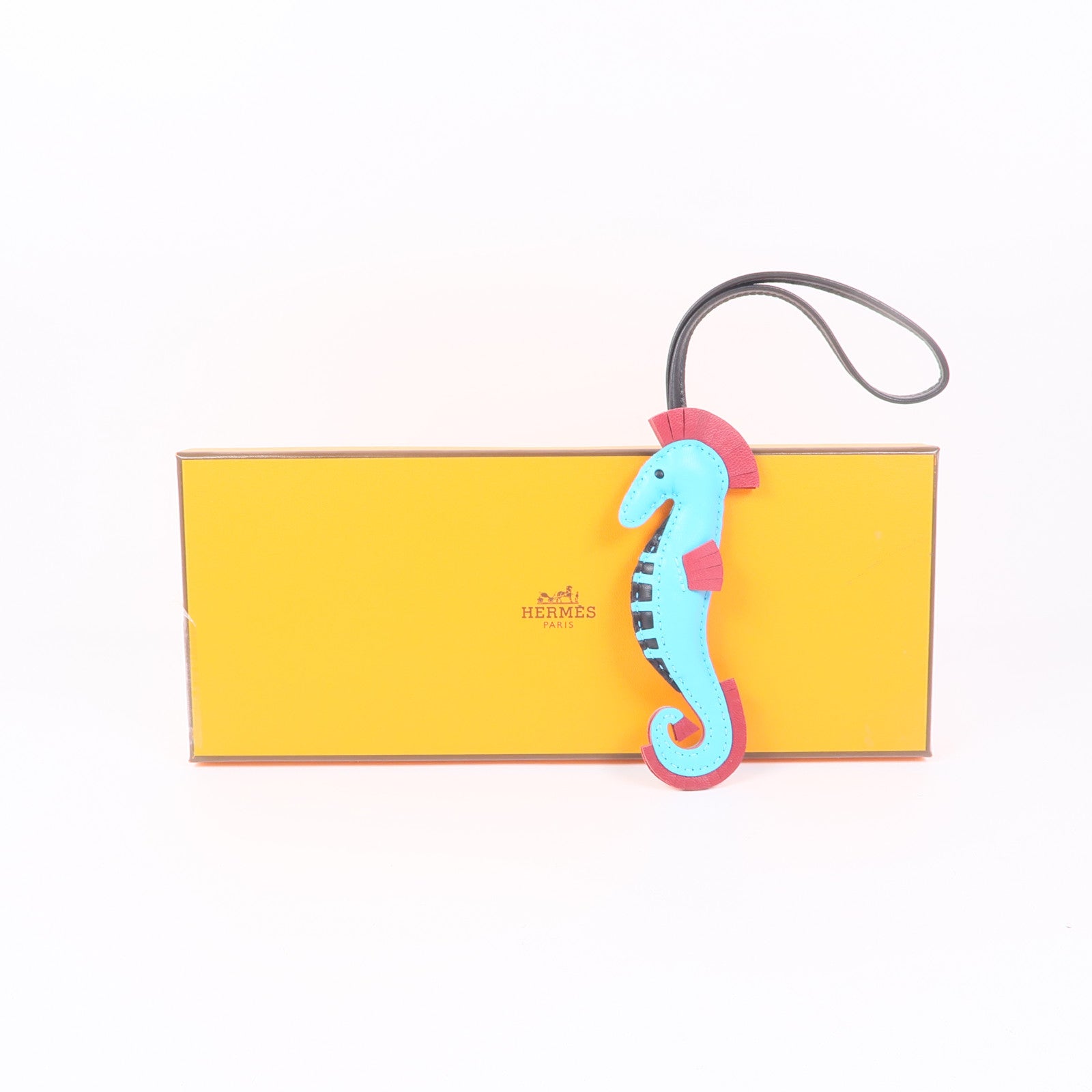 HERMES Seahorse Hanging Charm Swift Leather Light Blue/Red