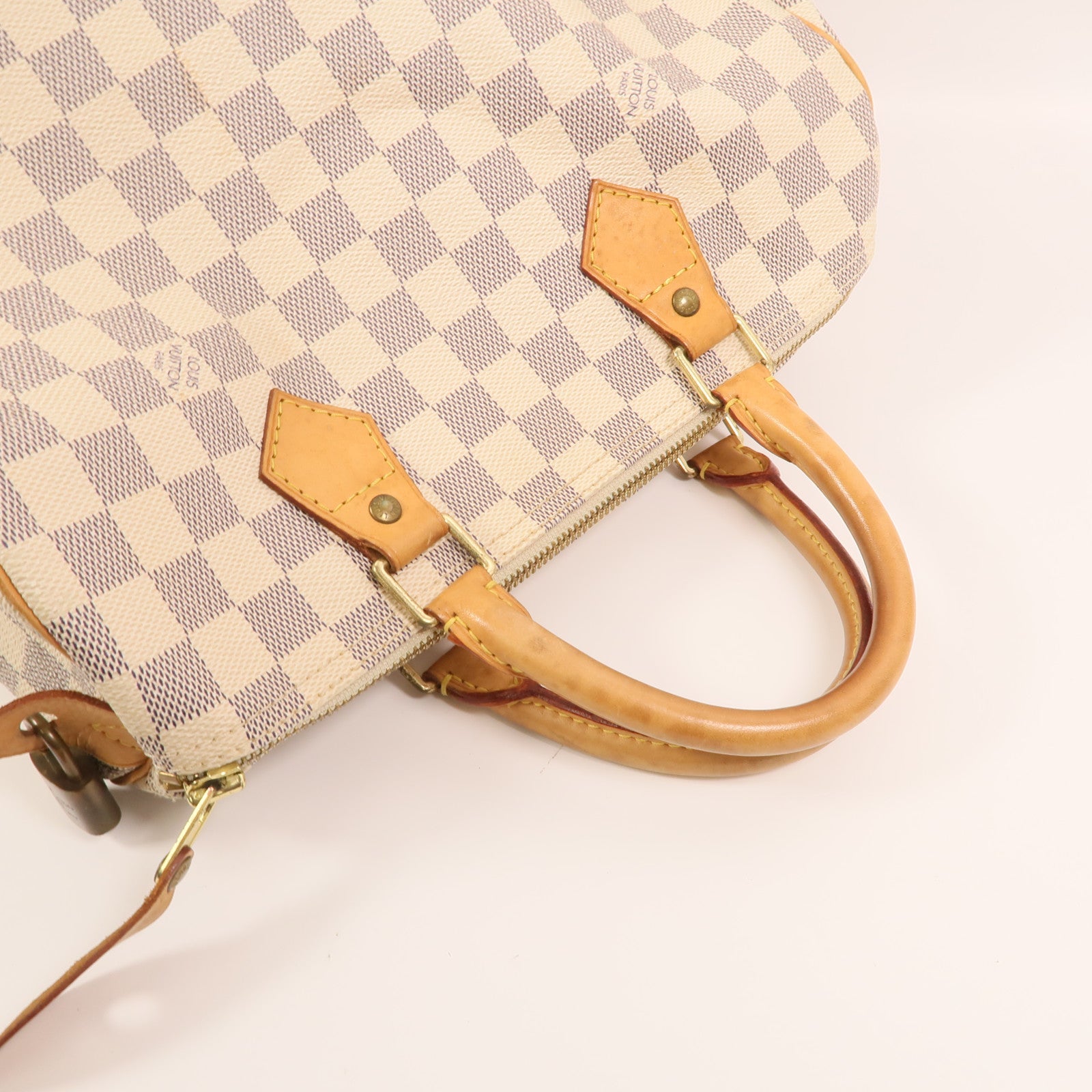 LOUIS VUITTON Damier Azur Speedy 30金扣手挽袋白色