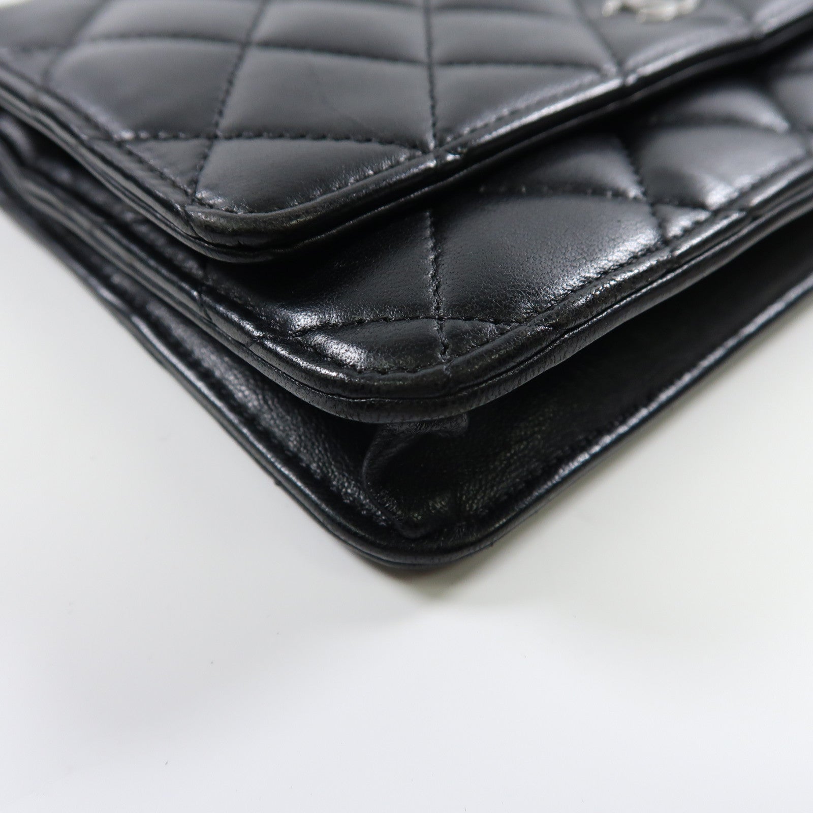 CHANEL 菱格羊皮皮革Wallet On Chain銀扣鏈帶肩背袋黑色