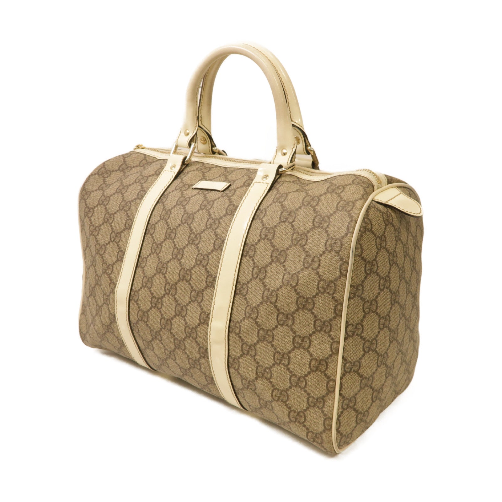 GUCCI 塗層帆布Boston Bag銀扣手挽袋白色/啡色