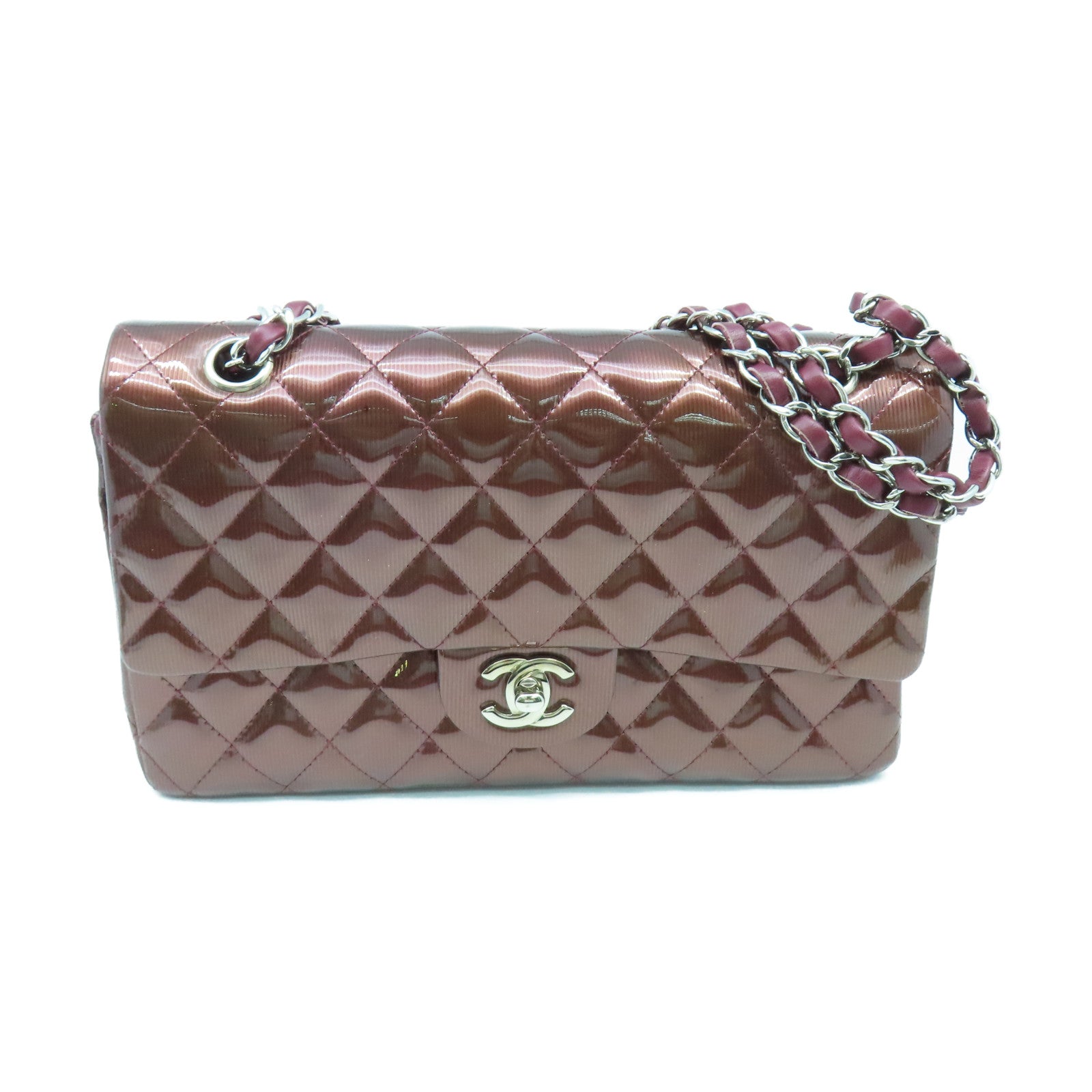 CHANEL **【清倉大減價】菱格漆皮皮革Classic Chain Shoulder Bag銀扣鏈帶肩背袋啡色