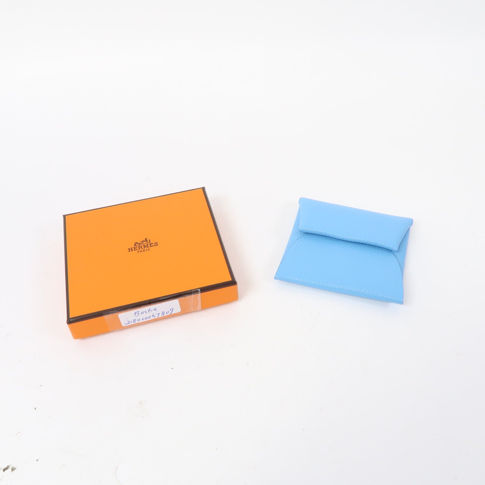 HERMES Chevre皮革Bastia銀扣零錢包Bleu Du Nord/藍色
