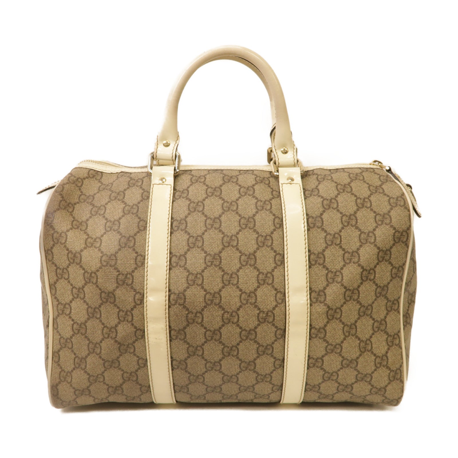 GUCCI 塗層帆布Boston Bag銀扣手挽袋白色/啡色