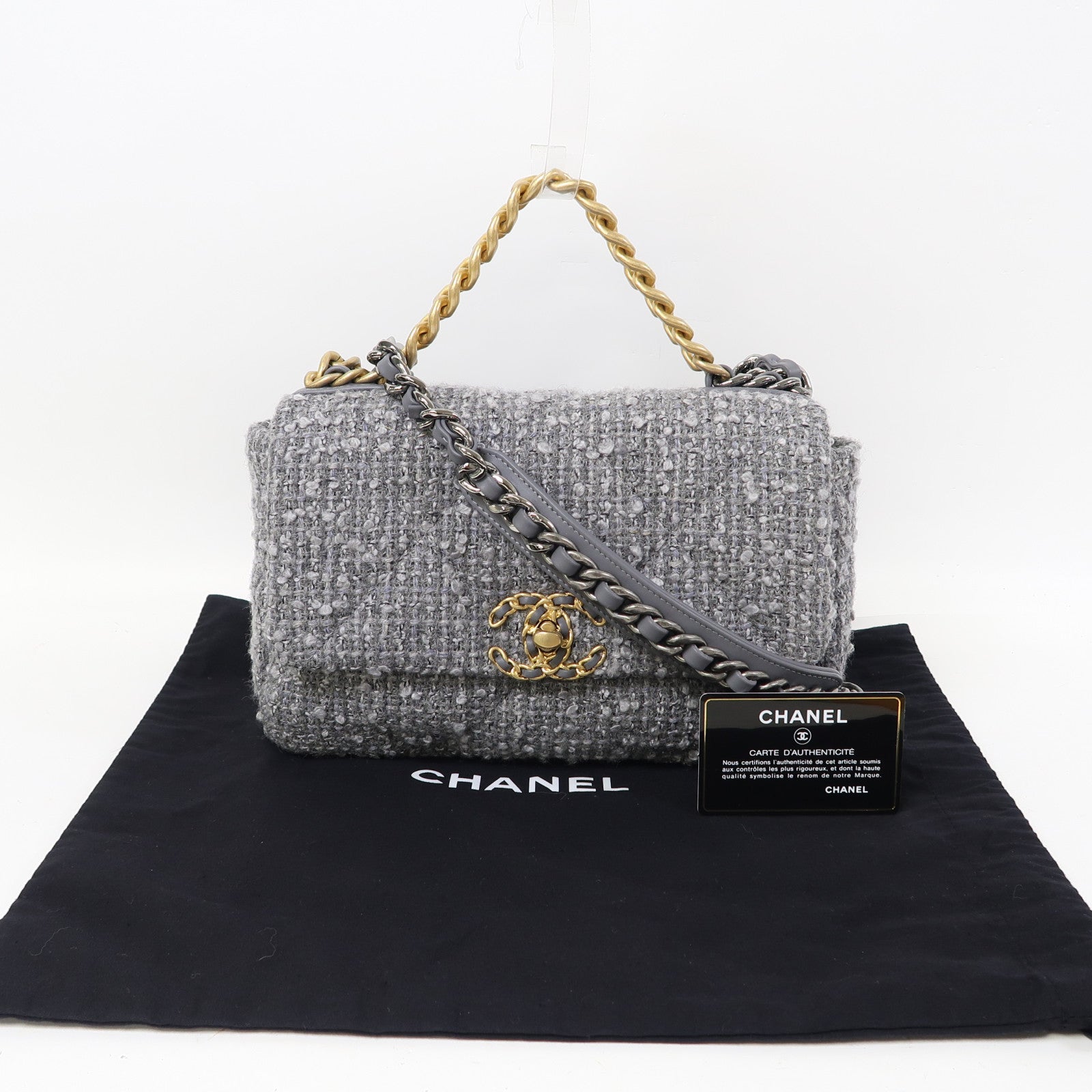 CHANEL Tweed Chanel 19金扣鏈帶手挽肩背兩用袋灰色