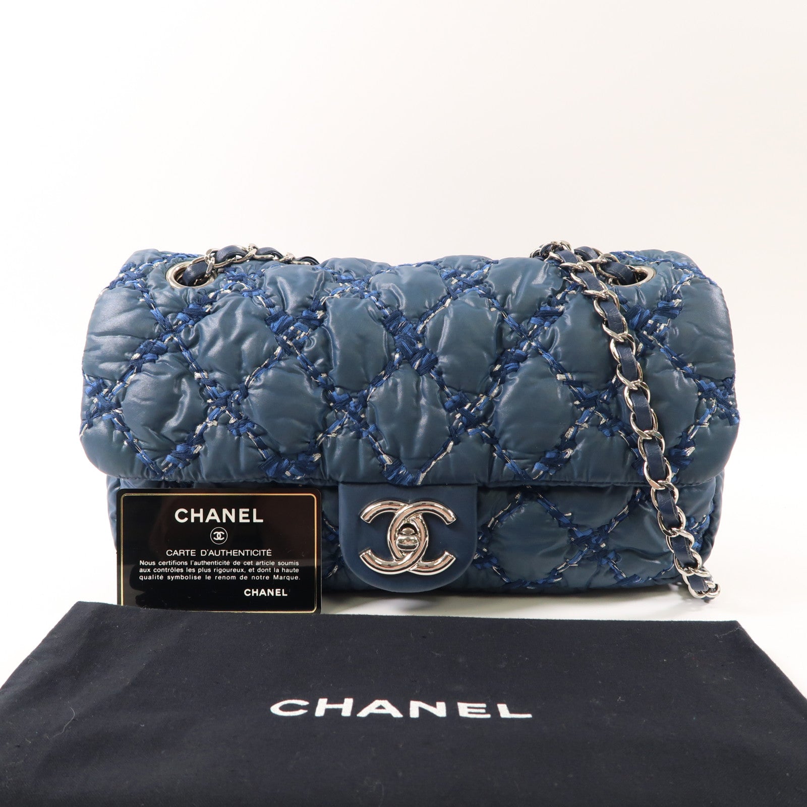 CHANEL 尼龍Chain Shoulder銀扣鏈帶肩背袋藍色