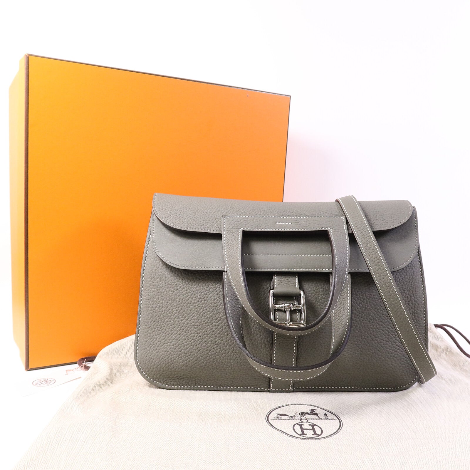 HERMES Clemence皮革Halzan 31手挽肩背兩用袋Gris Meyer