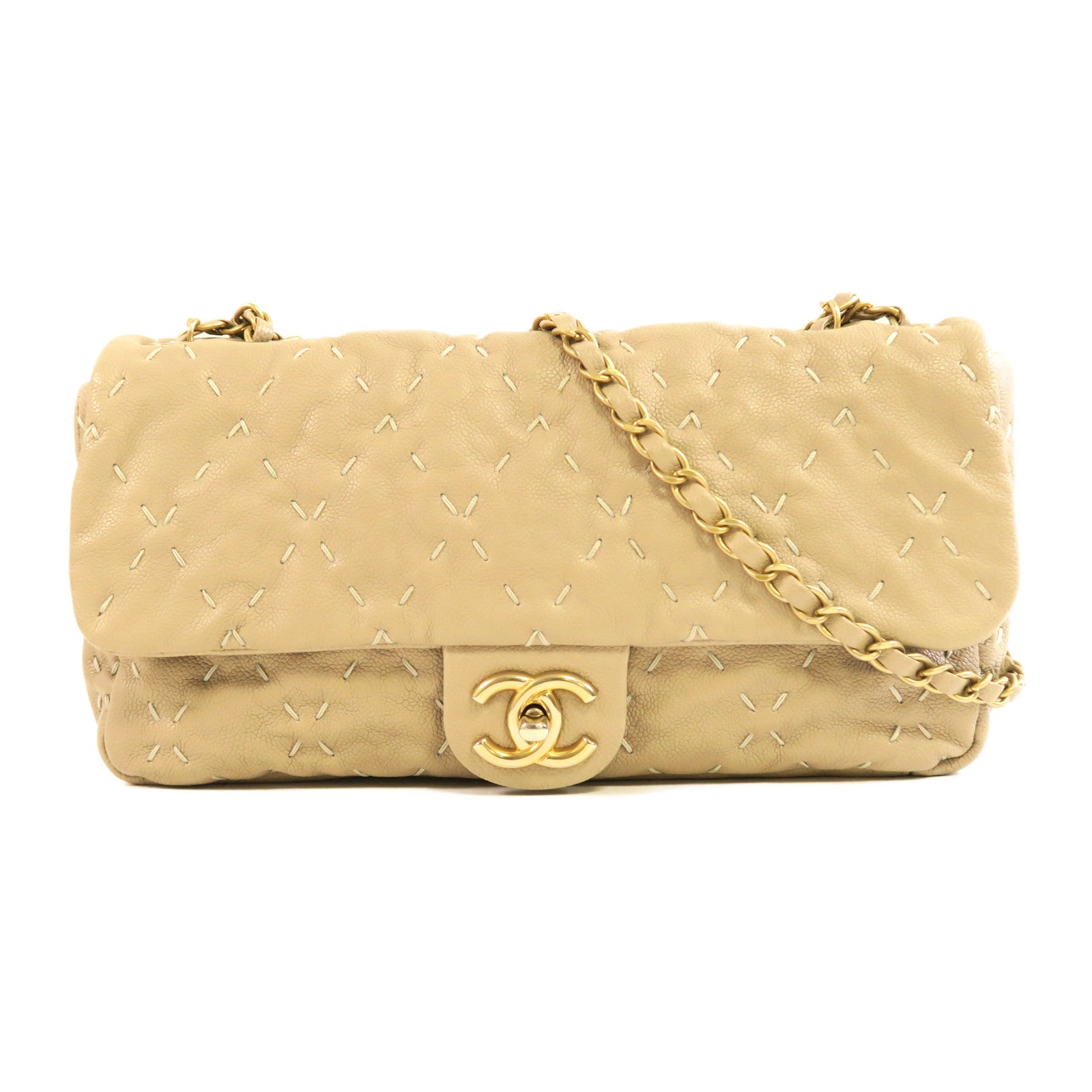 CHANEL 【激減優惠】Caviar皮革Chain Shoulder金扣鏈帶肩背袋米色