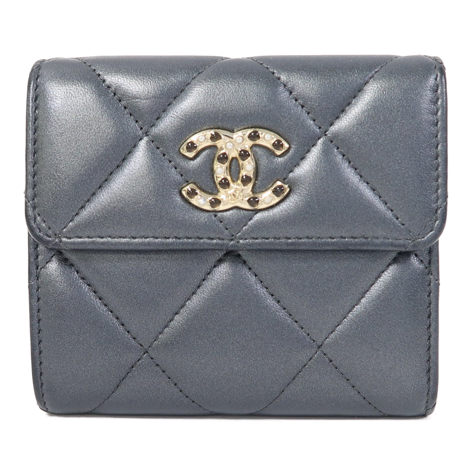 CHANEL 菱格牛皮皮革Short Wallet金扣錢包灰色