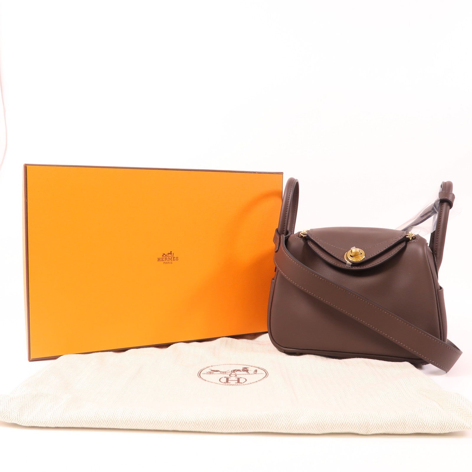 HERMES Swift皮革Mini Lindy金扣手挽肩背兩用袋Moka
