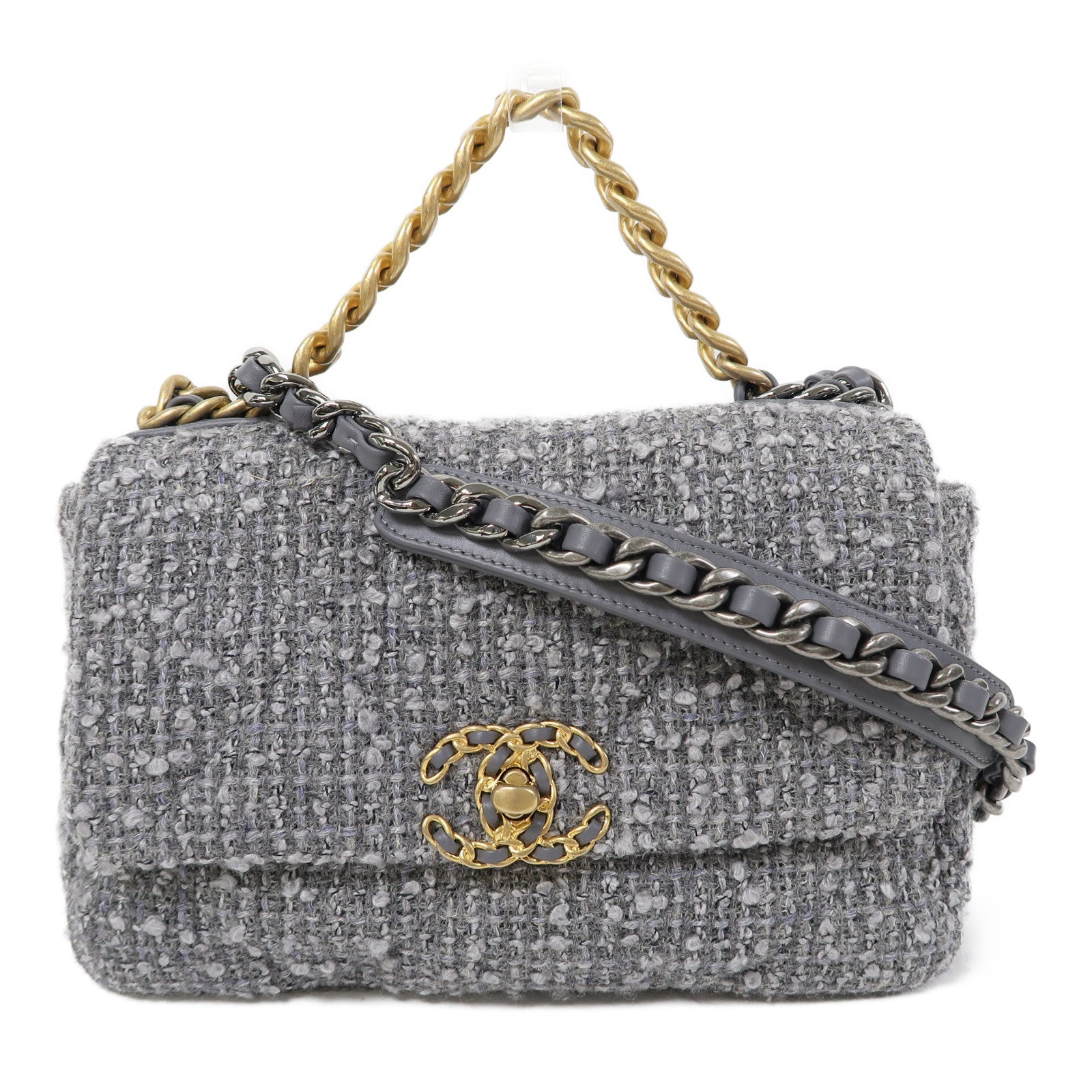 CHANEL Tweed Chanel 19金扣鏈帶手挽肩背兩用袋灰色
